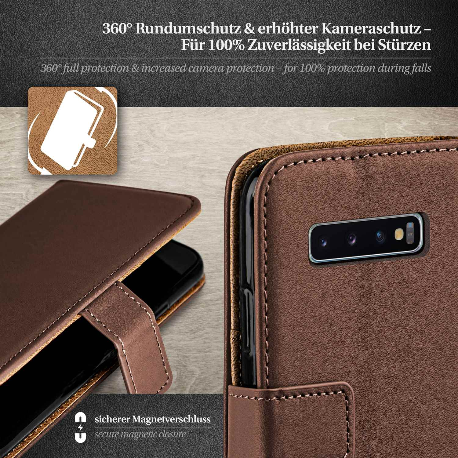 Braune Leder-Handyhülle mit Telefon. Text oben.