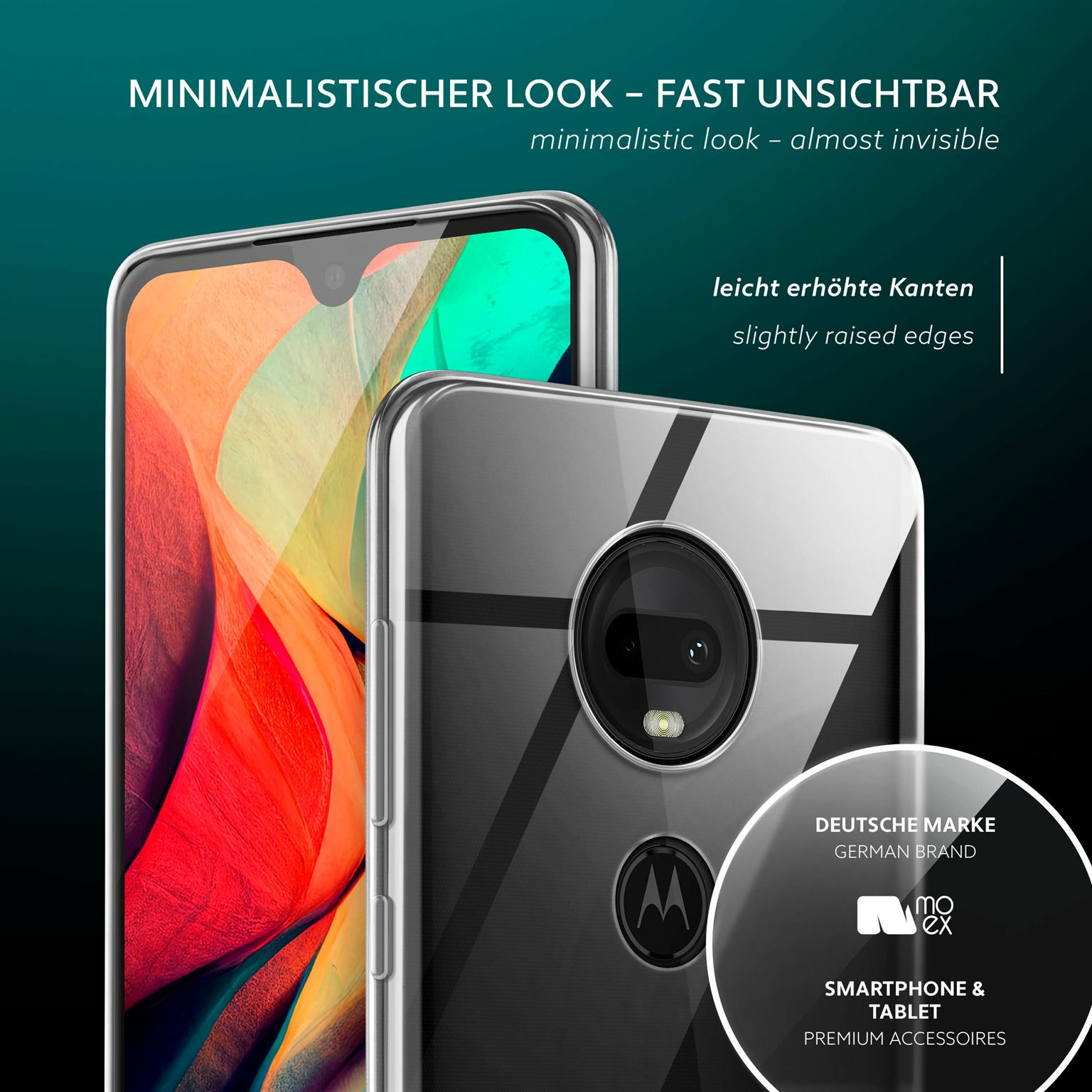 Transparente Handyhülle auf einem Telefon. Das Telefon hat ein Logo. Der Hintergrund ist ein Gradient.