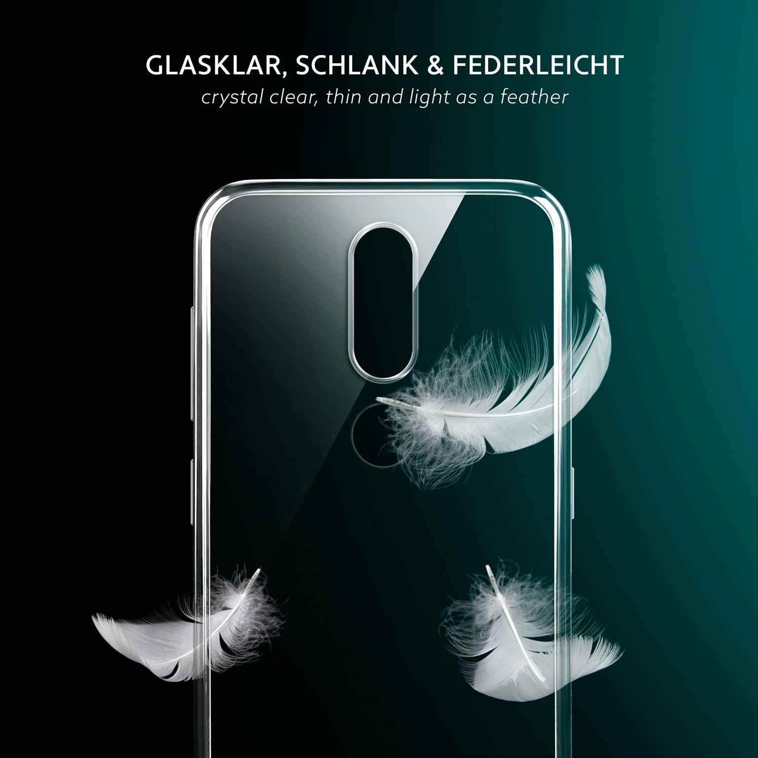 Eine transparente Handyhülle mit weißen Federn, die darin schweben. Der Hintergrund ist dunkelblaugrün.