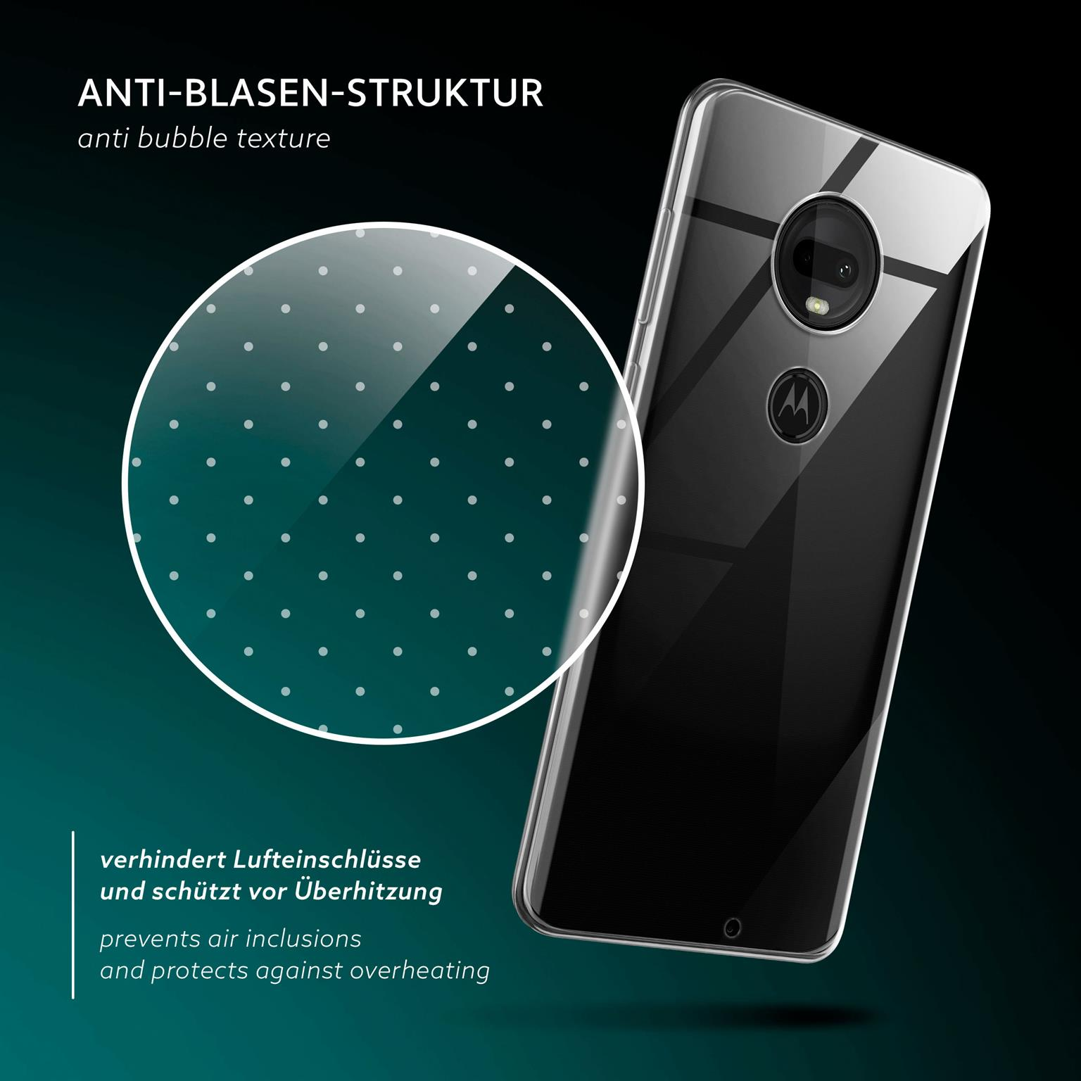 Transparente Handyhülle mit gepunktetem Muster.  Ein Telefon ist darin. Ein Motorola-Logo ist sichtbar.