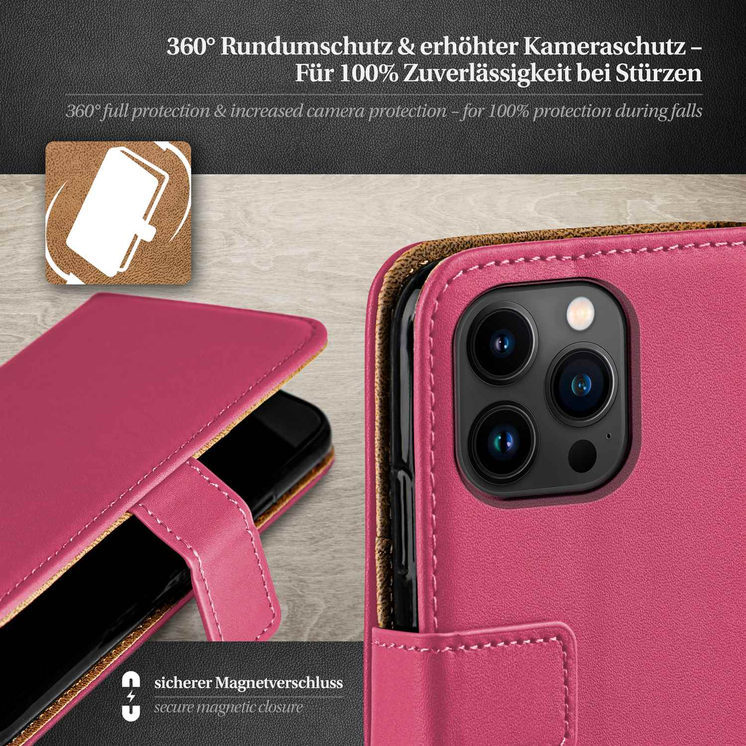Rosa Handyhülle mit Telefon. Text zeigt vollen Schutz und Magnetverschluss an.