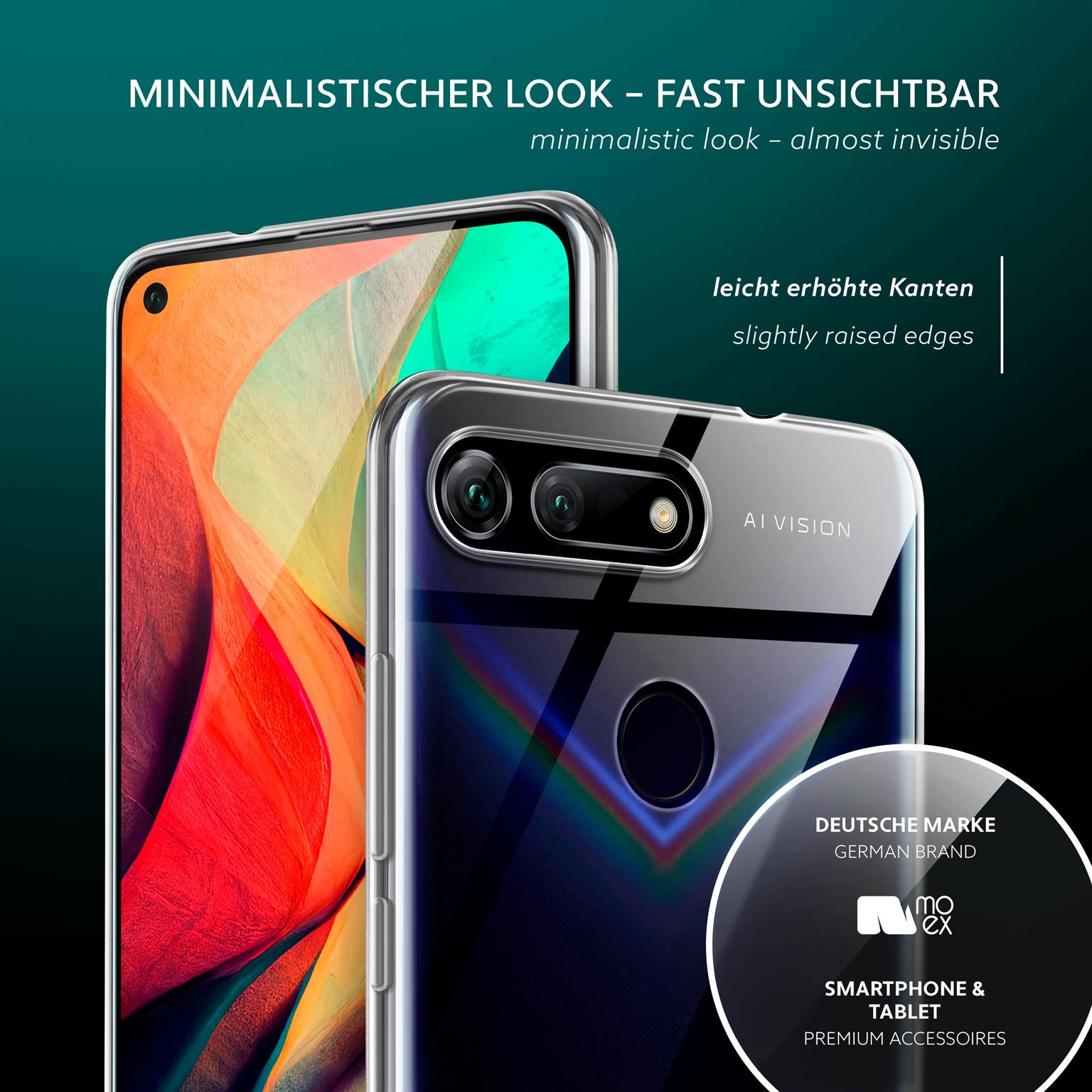 Zwei Handyhüllen, eine durchsichtige, eine auf einem Handy. Text: Minimalistischer Look, leicht erhöhte Kanten.