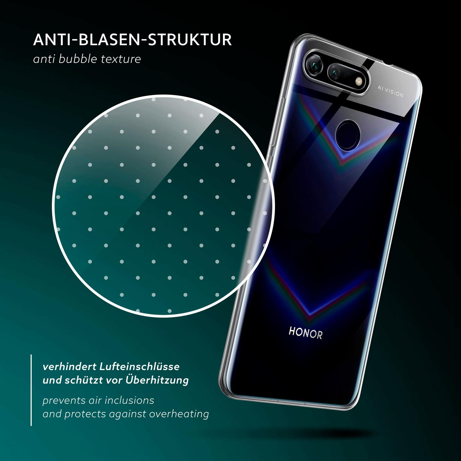 Transparente Handyhülle über schwarzem Handy. Blasenstruktur. Anti-Blasen und Überhitzungsschutz.