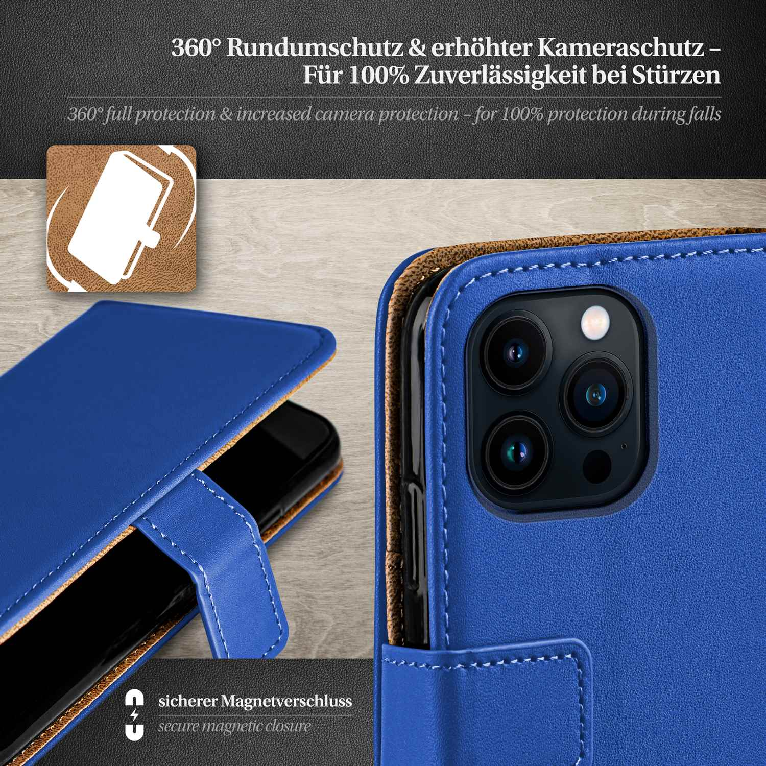 Blaue Handyhülle mit Telefon darin, teilweise geöffnet. Schwarzes Telefon.
