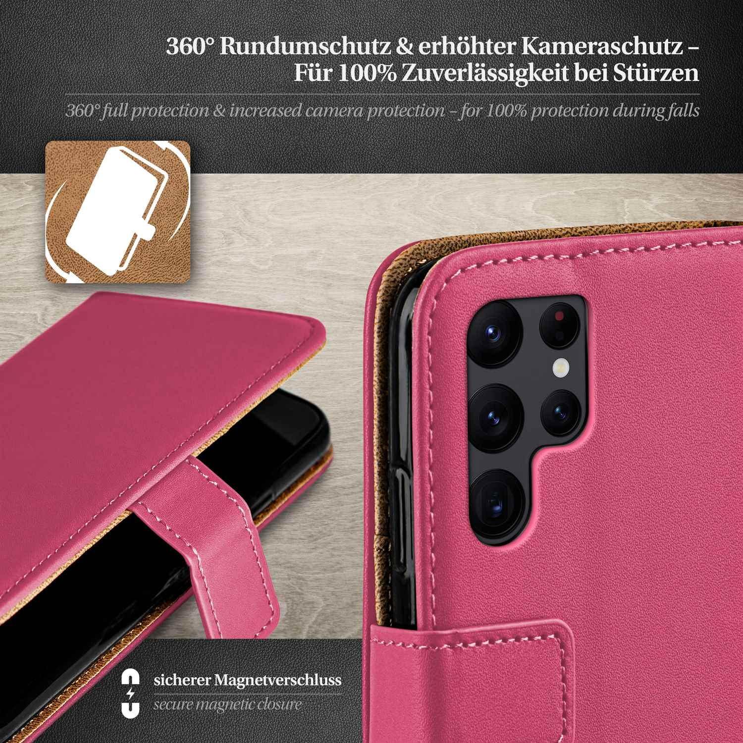 Rosa Handyhülle mit Magnetverschluss, geöffnetes Telefon. Text: 360° Schutz, deutsche Marke.