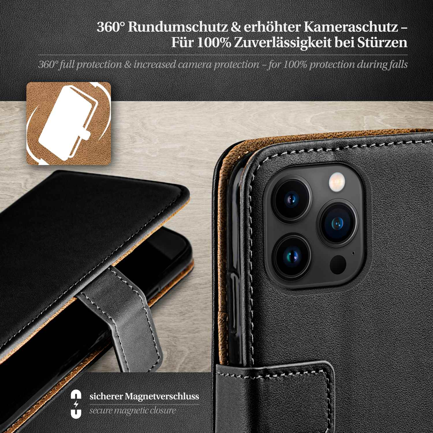 Schwarze Leder-Handyhülle mit Klappe. Die Hülle hat einen Magnetverschluss.
