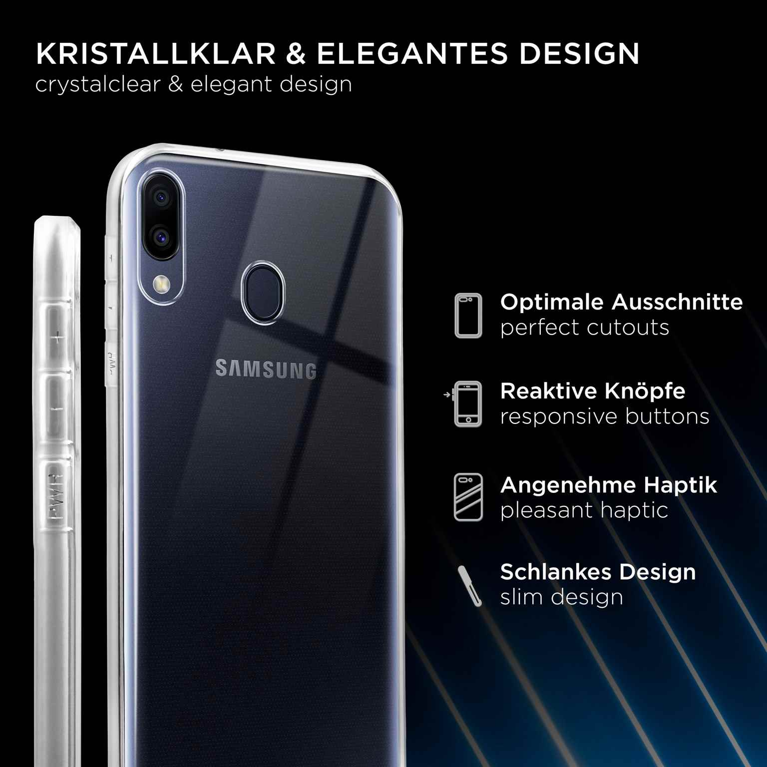 Telefon in transparenter Hülle mit Text: kristallklares & elegantes Design. Knöpfe, Ausschnitte, Haptik.