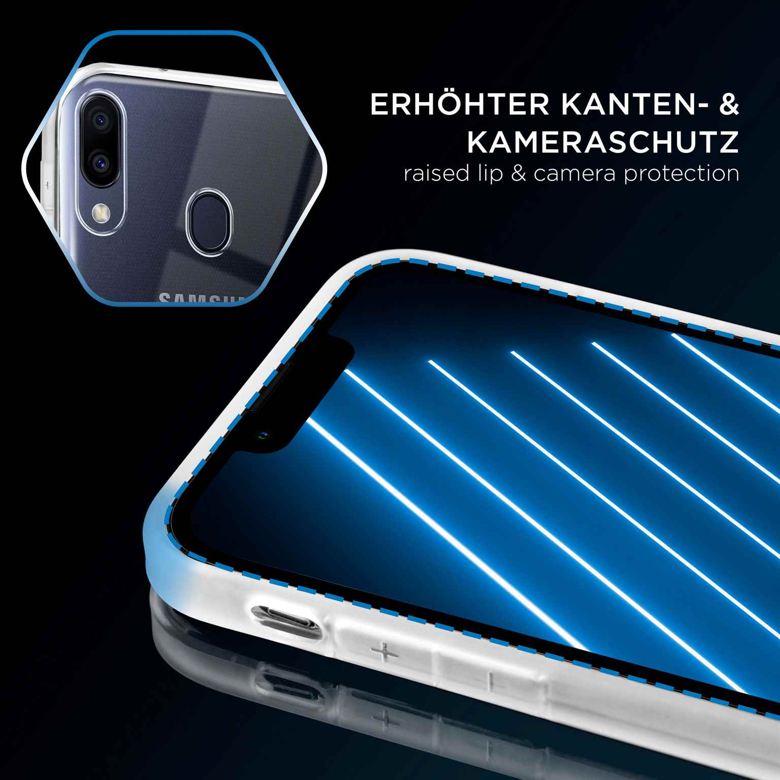 Transparente Handyhülle mit blauen Linien auf dem Telefonbildschirm. Weisser Rand.