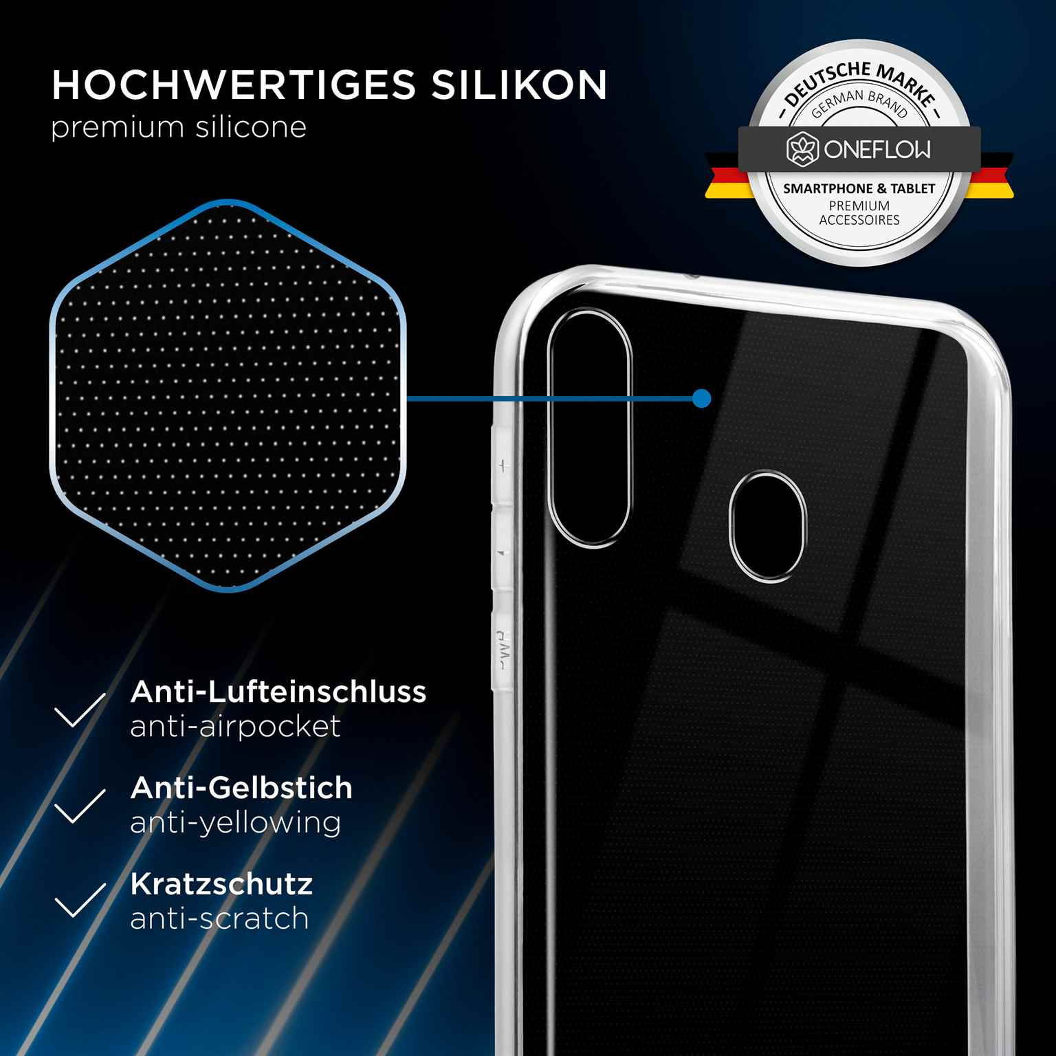 Handyhülle mit Wabenmuster. Text: Anti-Luftblasen, Anti-Vergilbung und Anti-Kratzer.