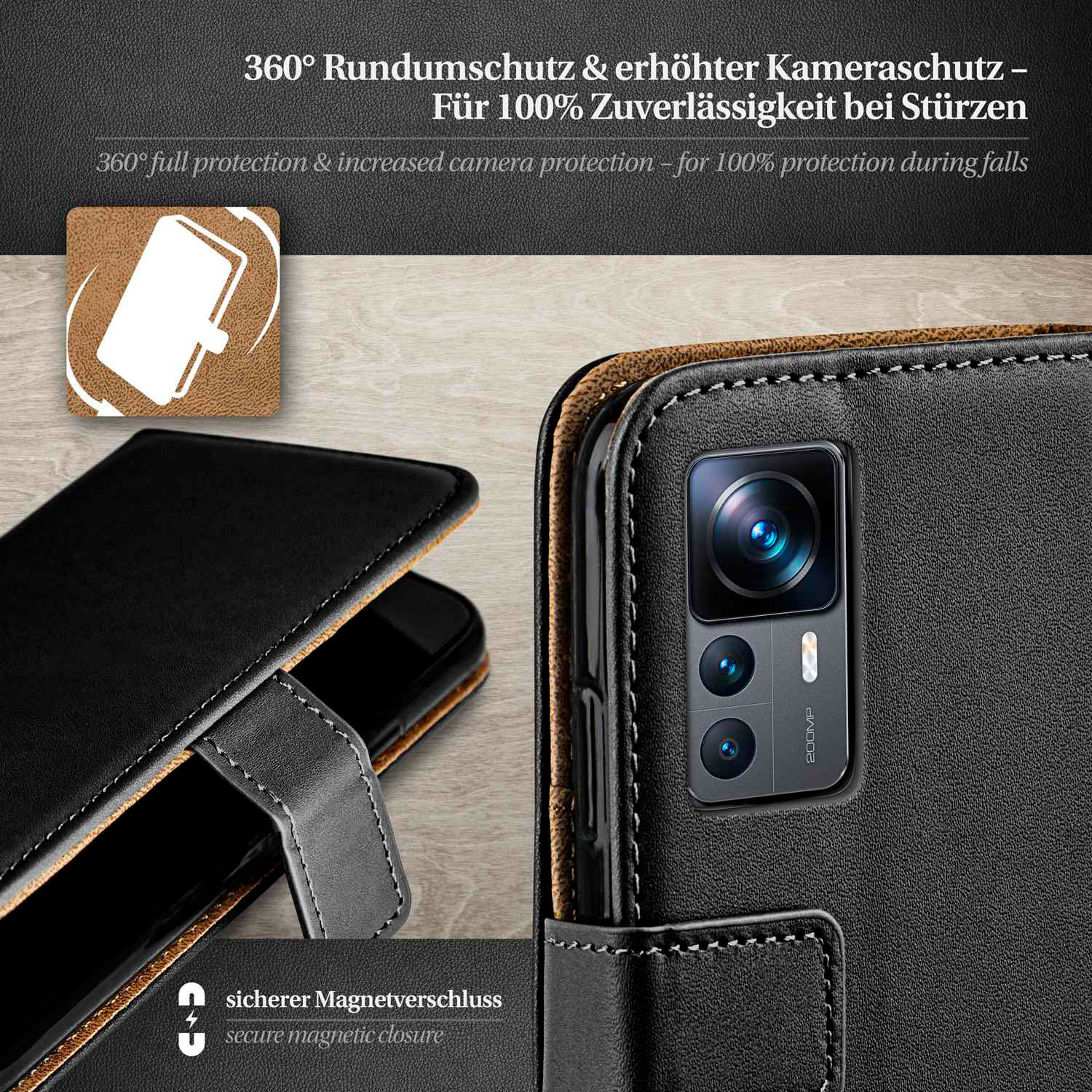 Schwarze Handyhülle. Telefon innen. Text oben und unten im Bild.