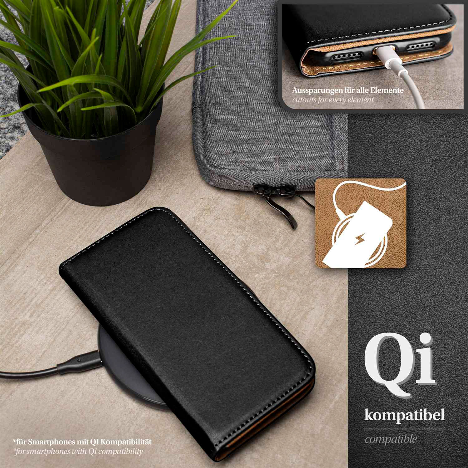 Schwarze Handyhülle auf kabellosem Ladegerät, Pflanze und graue Tasche.