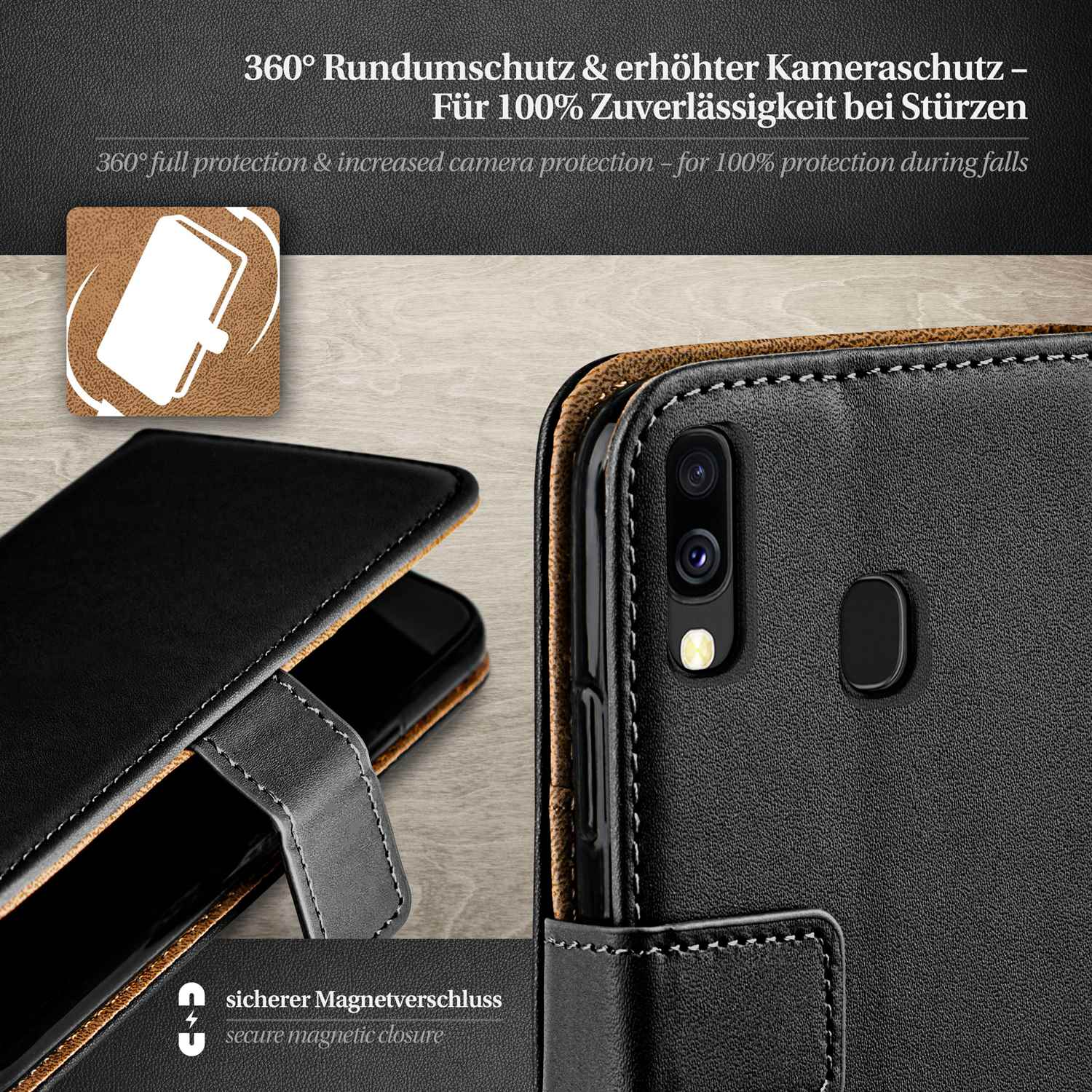 Schwarze Handyhülle, schwarzes Telefon innen, mit Textüberlagerung.