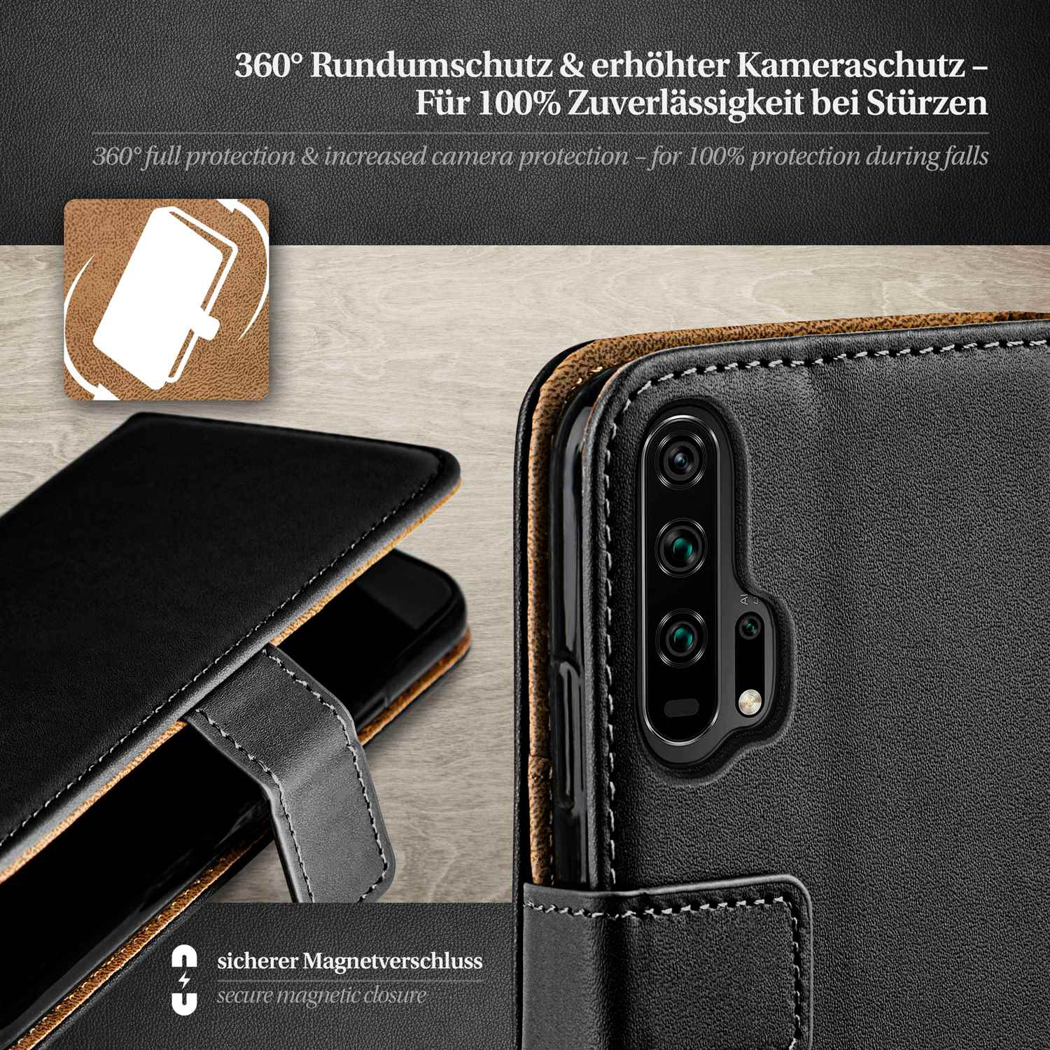 Schwarze Handyhülle mit einem Telefon darin. Die Hülle ist mit einem Magnetverschluss geschlossen. 360° Schutz.