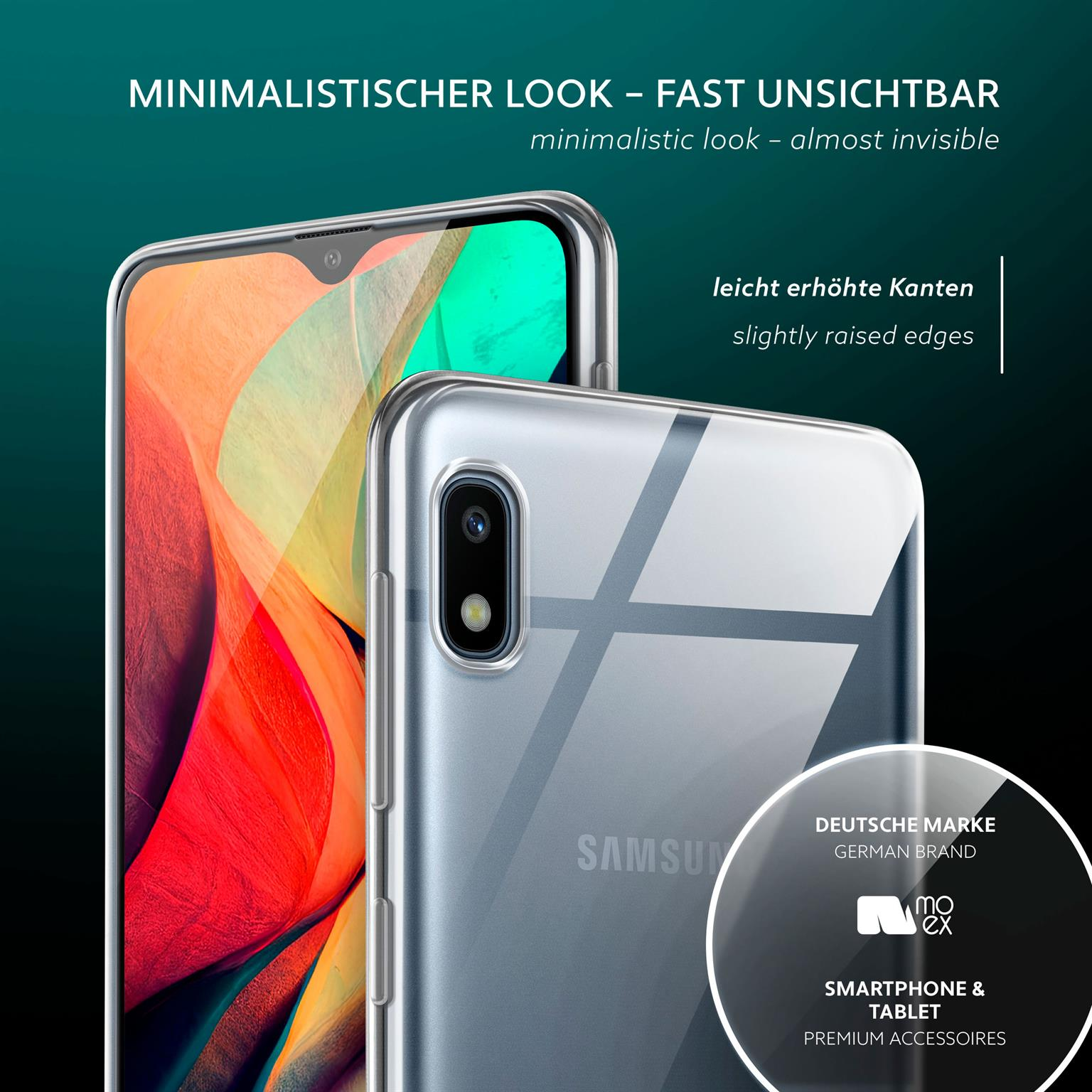 Zwei Handyhüllen, eine durchsichtige, eine auf einem Handy. Text: Minimalistischer Look, leicht erhöhte Kanten.