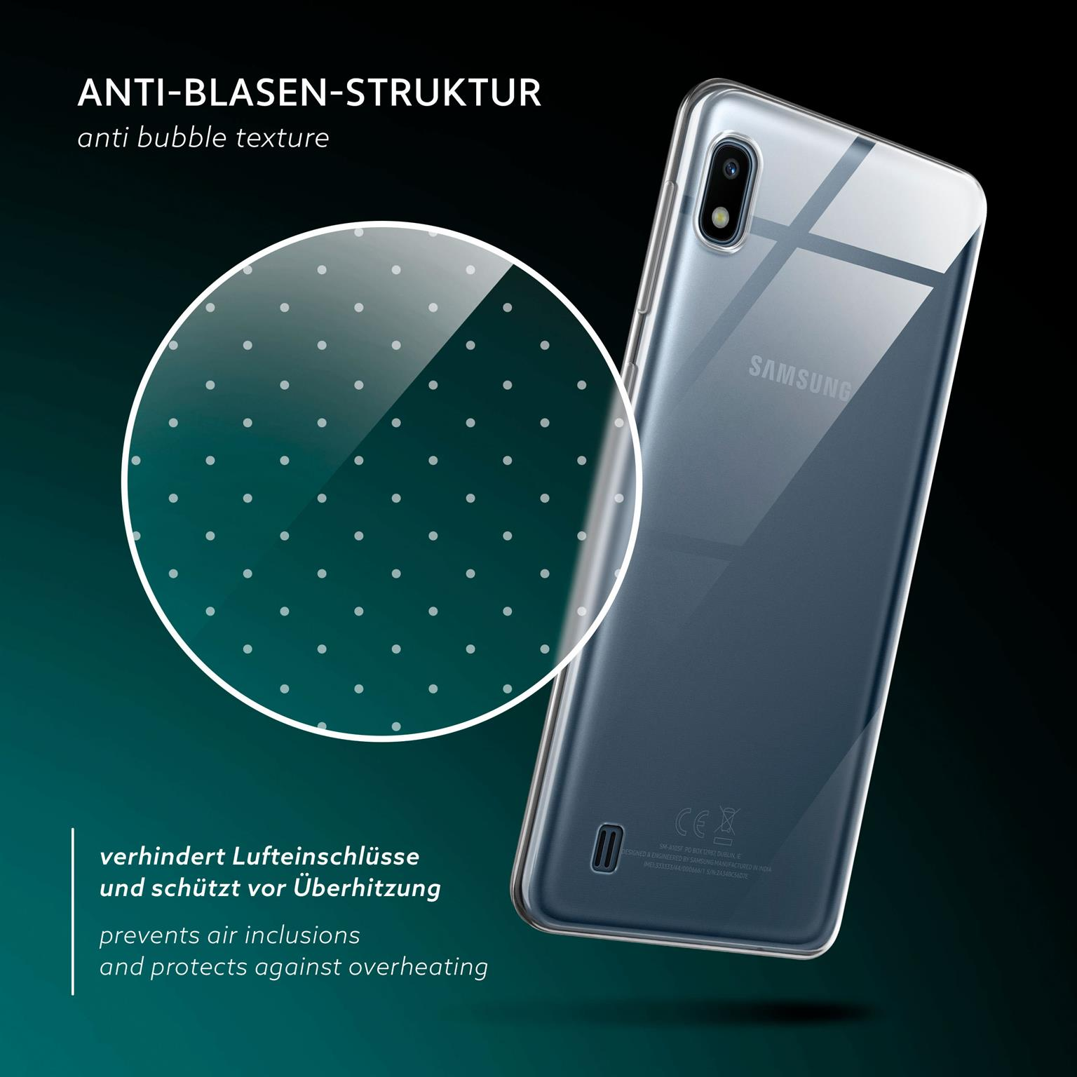 Transparente Handyhülle mit Anti-Blasen-Struktur auf schwarzem Grund.