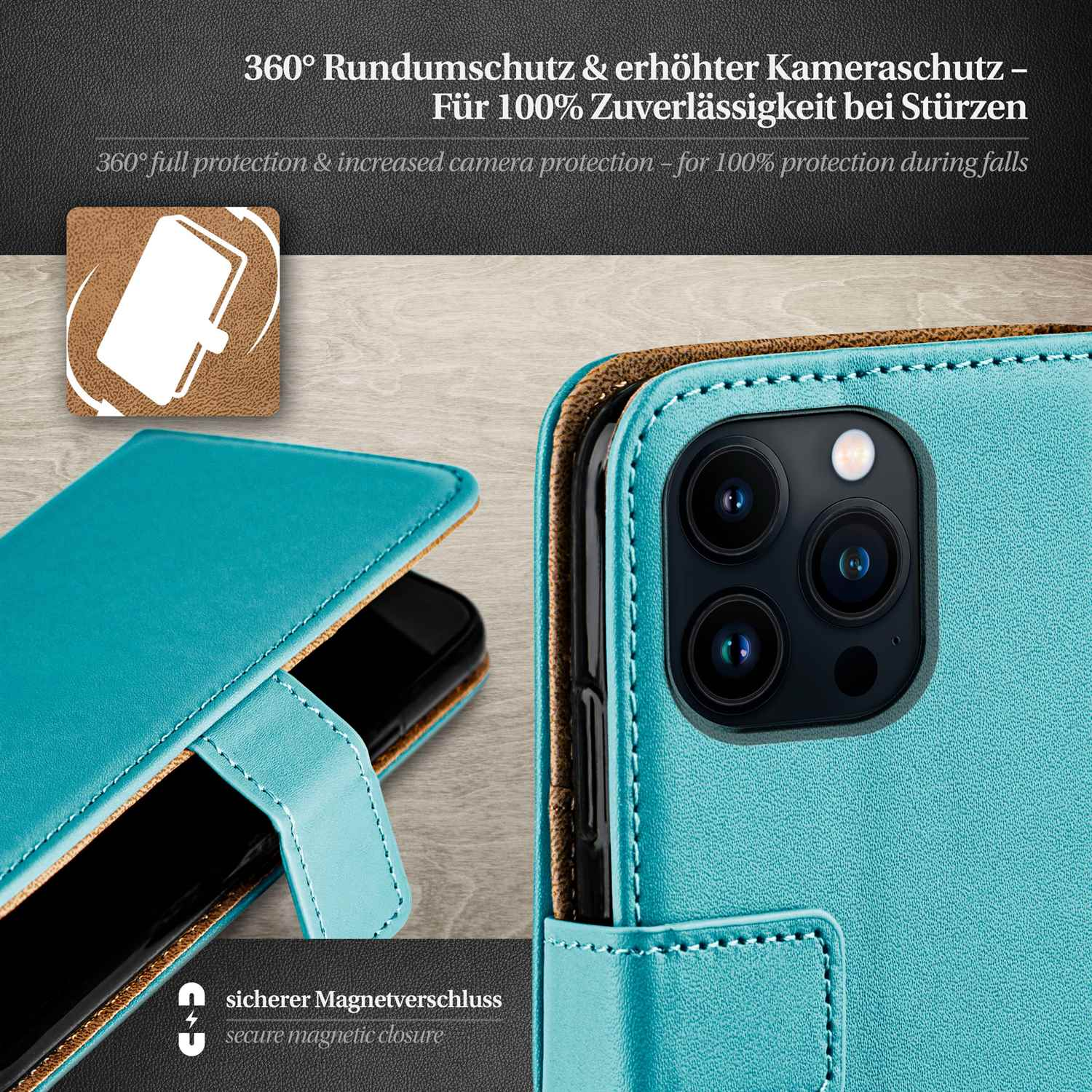 Türkisfarbene Handyhülle mit schwarzem Telefon. Text auf Deutsch: 360° Schutz.