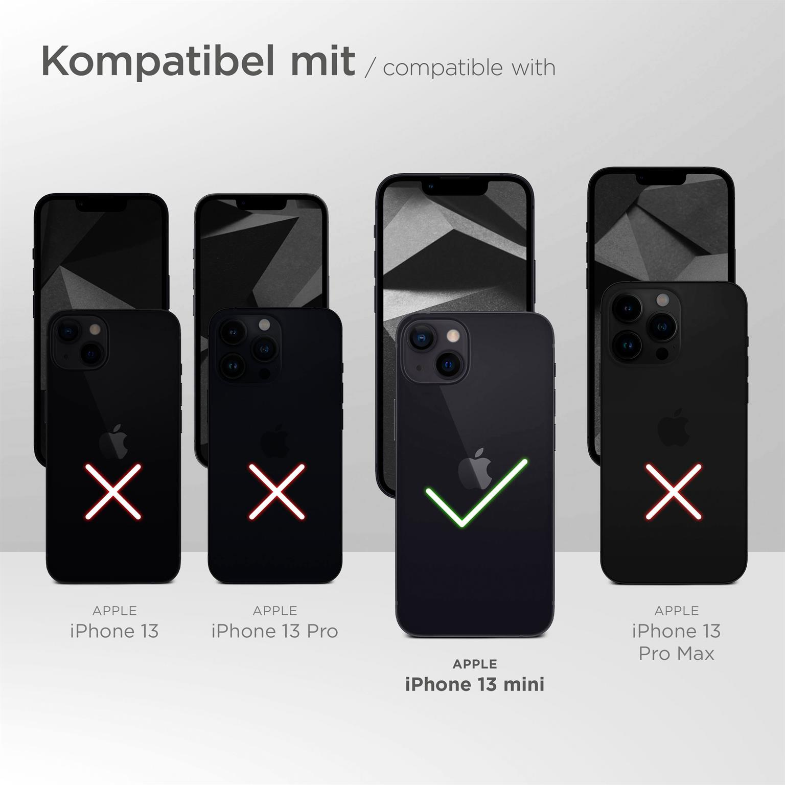 Bild zeigt Telefonmodelle mit grünem Häkchen auf iPhone 13 mini, rote X auf anderen.