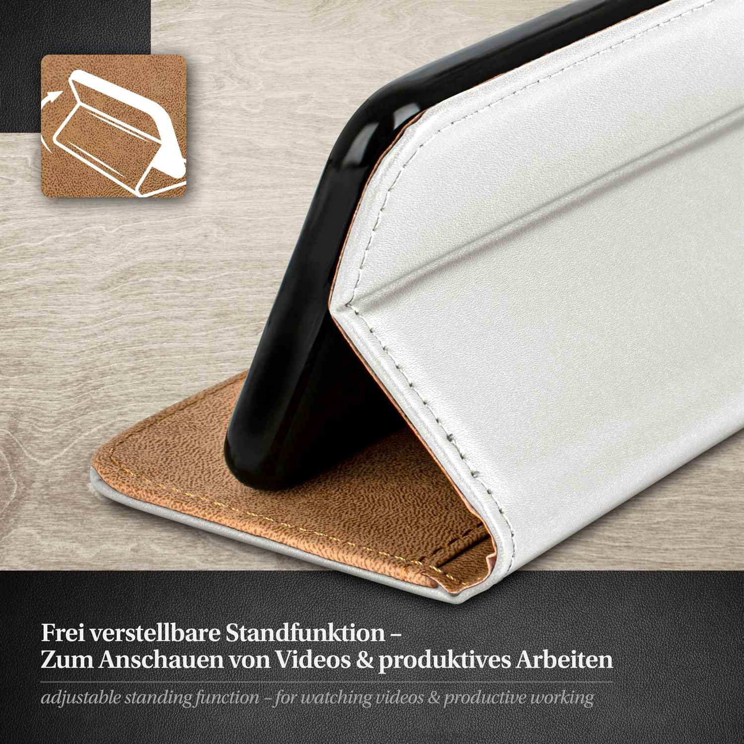 Telefon in weißer Hülle, aufgestellt. Gehäuse hat braune Innenseite. Text erwähnt verstellbare Standfunktion.