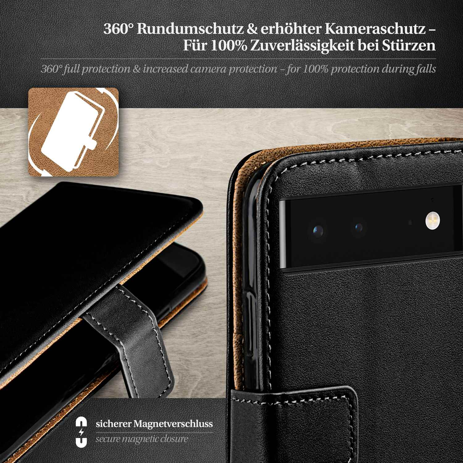 Schwarze Handyhülle auf einem Telefon. Details zeigen Nähte, Magnetverschluss und Kameraschutz.