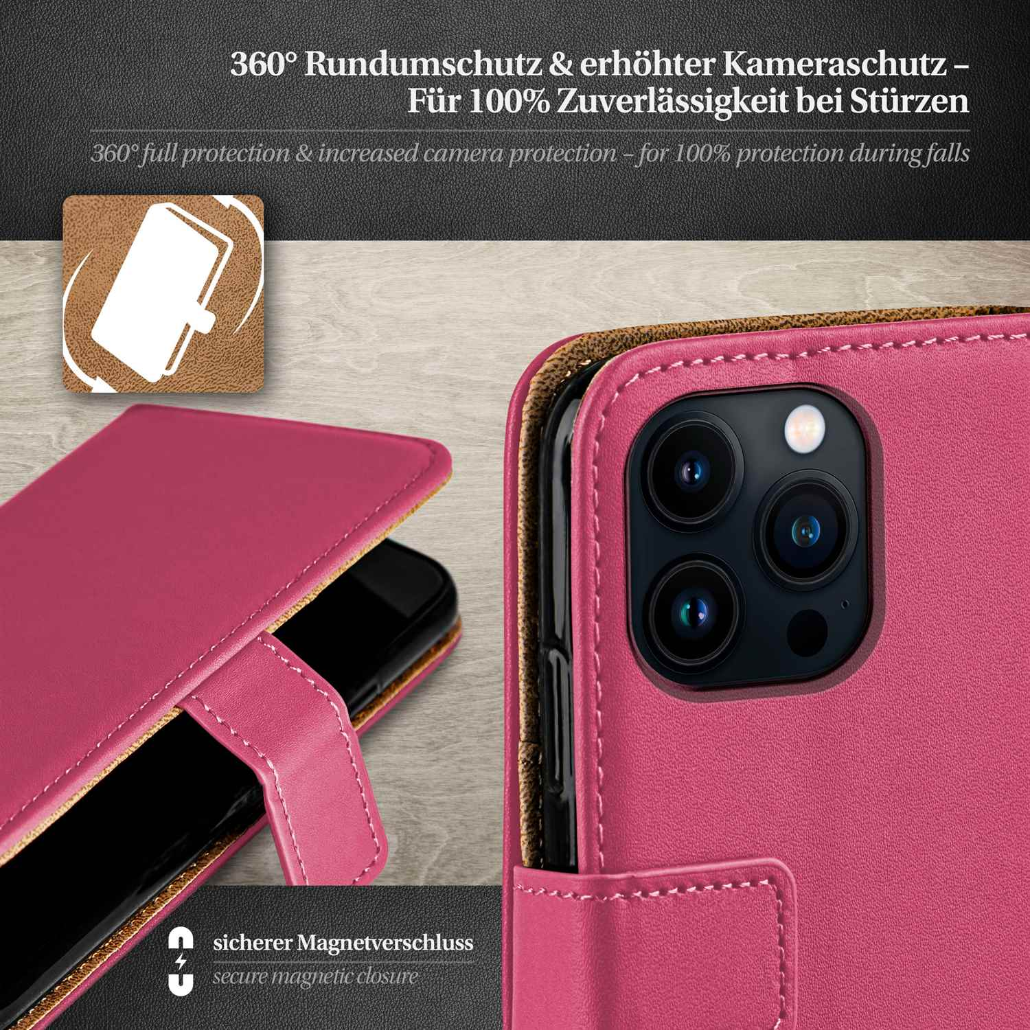 Rosa Handyhülle, geöffnet mit Telefon. Braunes Leder, weiße Nähte.