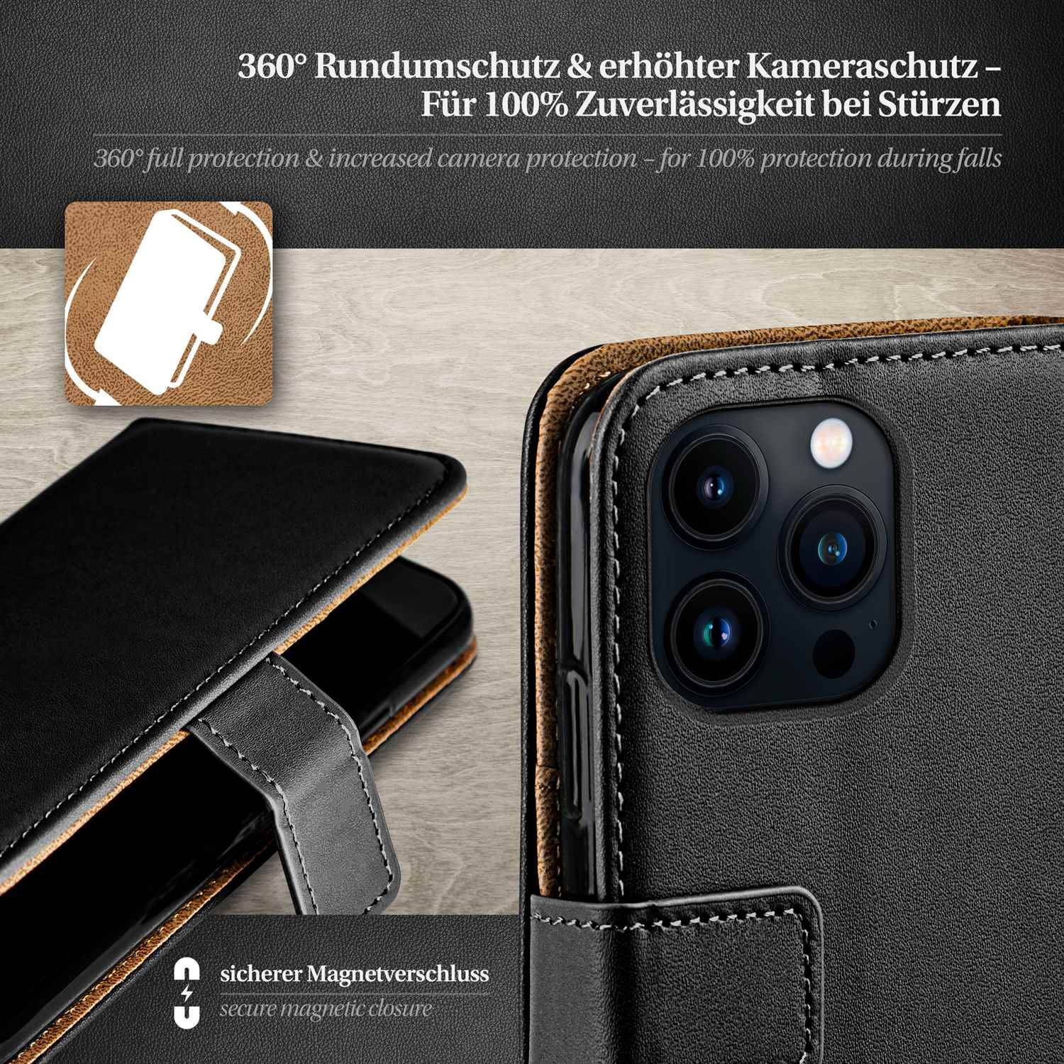 Schwarze Leder-Handyhülle mit Telefon. Text oben.