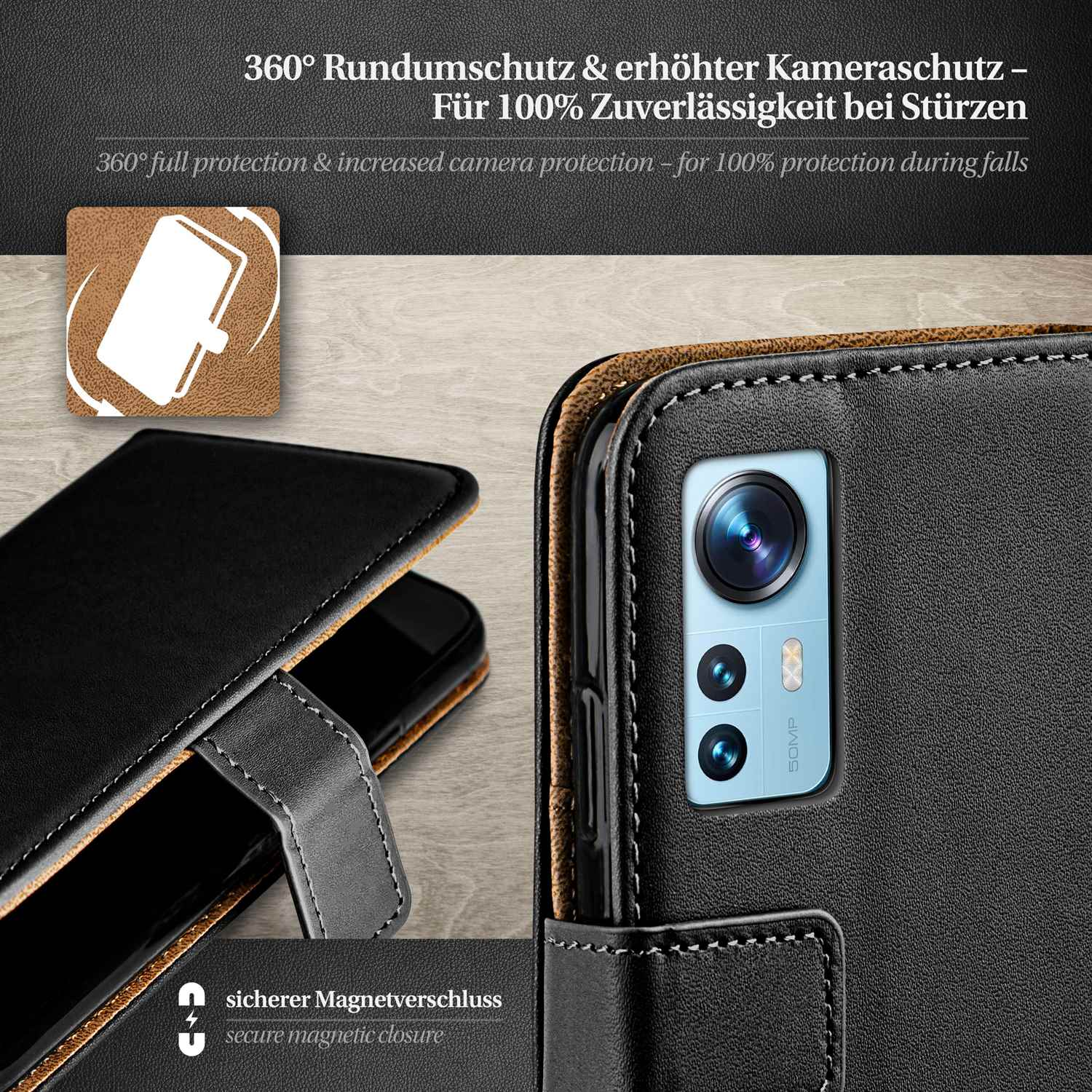 Schwarze Handyhülle, Telefon darin. Kamera sichtbar. Text: 360° Rundumschutz. Sicherer Verschluss.