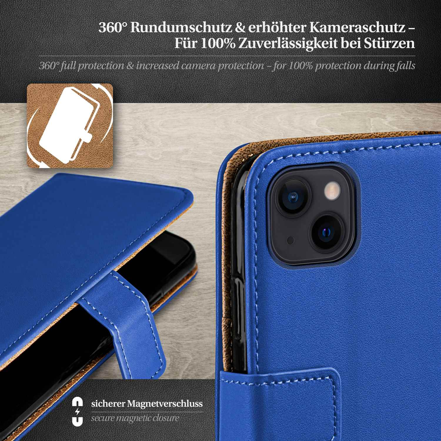 Blaue Handyhülle mit Nähten und Telefon darin. Text auf Deutsch.