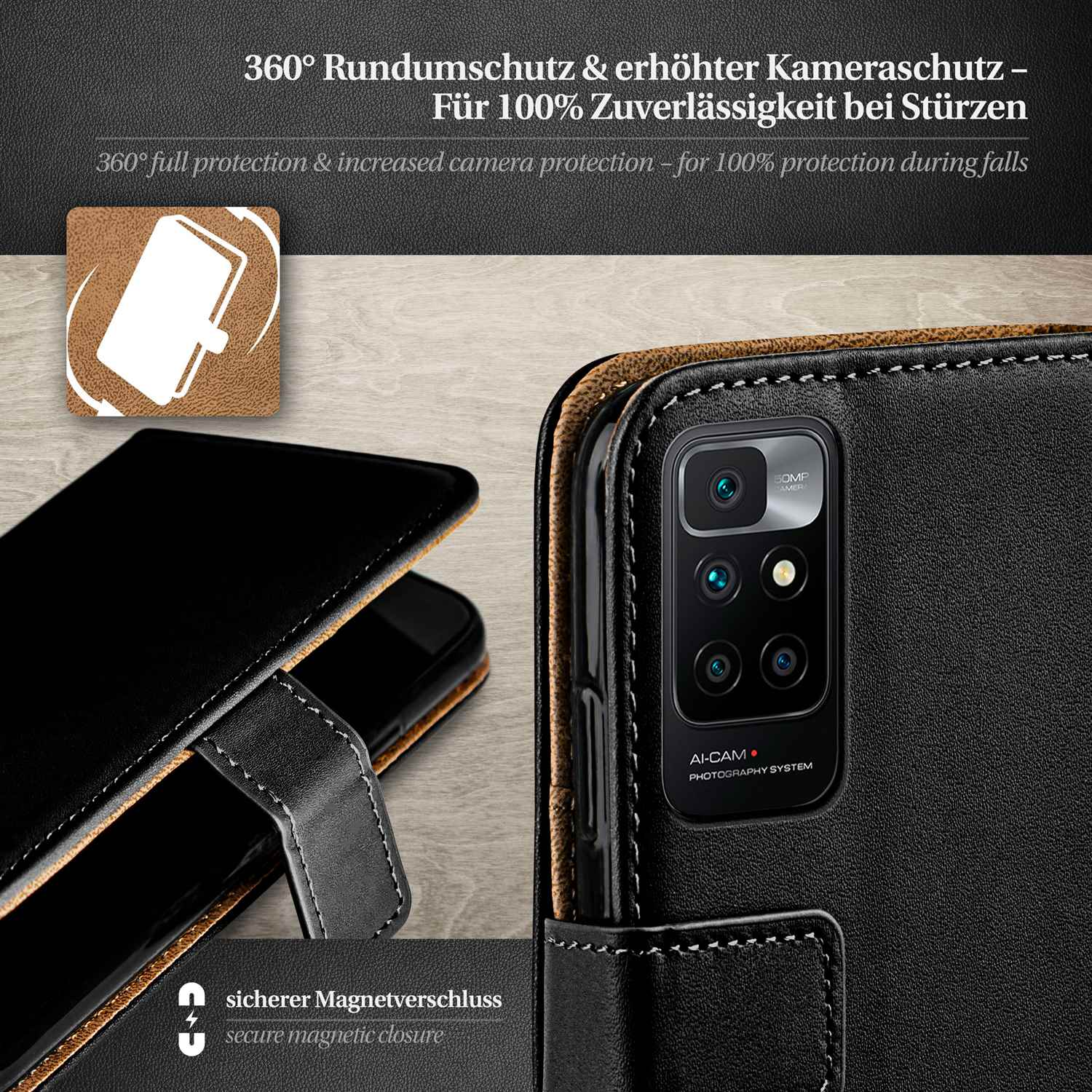 Schwarze Handyhülle. Das Telefon befindet sich in der Hülle. Magnetverschluss ist sicher.