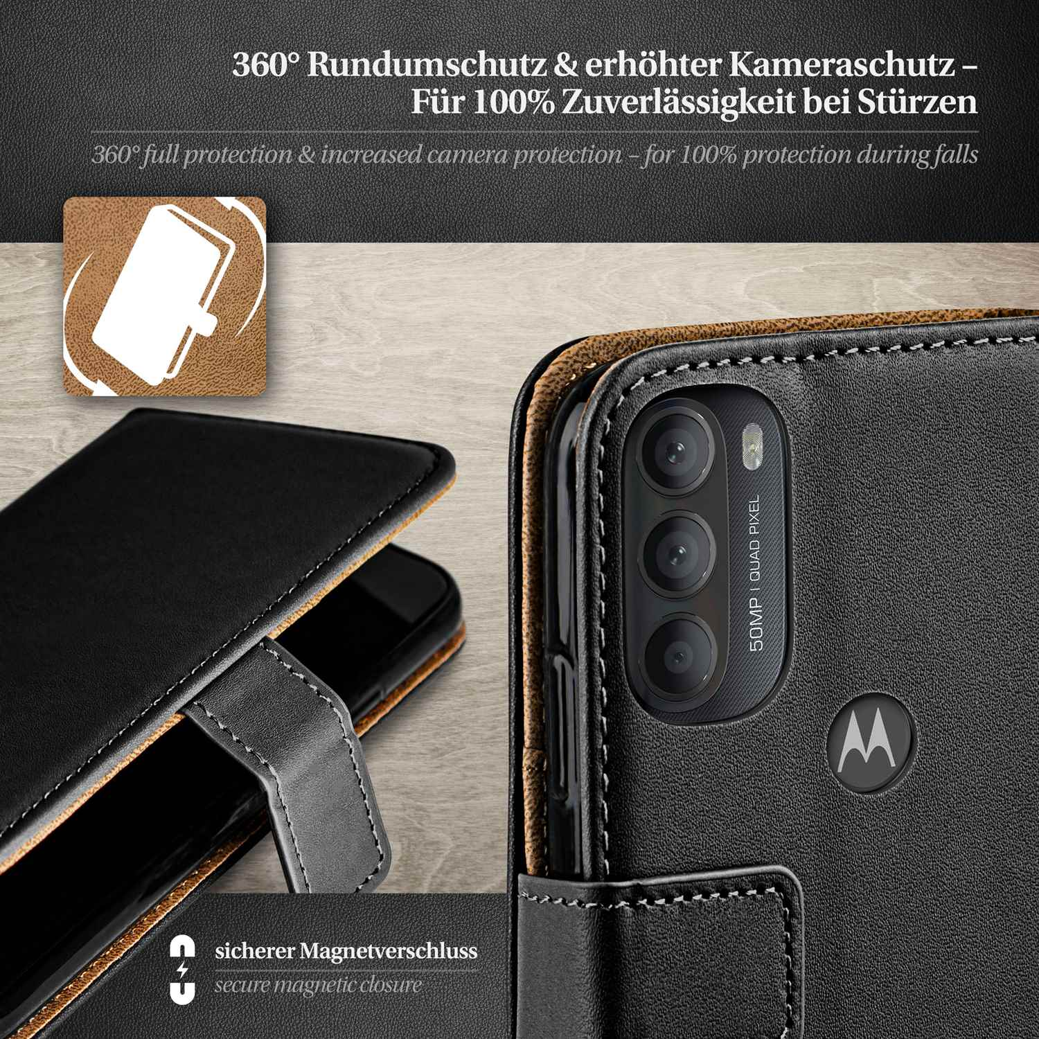 Schwarze Leder-Handyhülle mit Magnetverschluss, Kameraschutz und Telefon im Inneren.