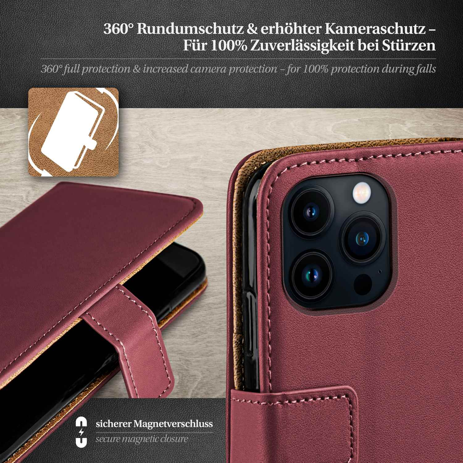 Geöffnete weinrote Handyhülle, Telefon innen. Braunes Leder mit Karten. Schwarzer Hintergrund.
