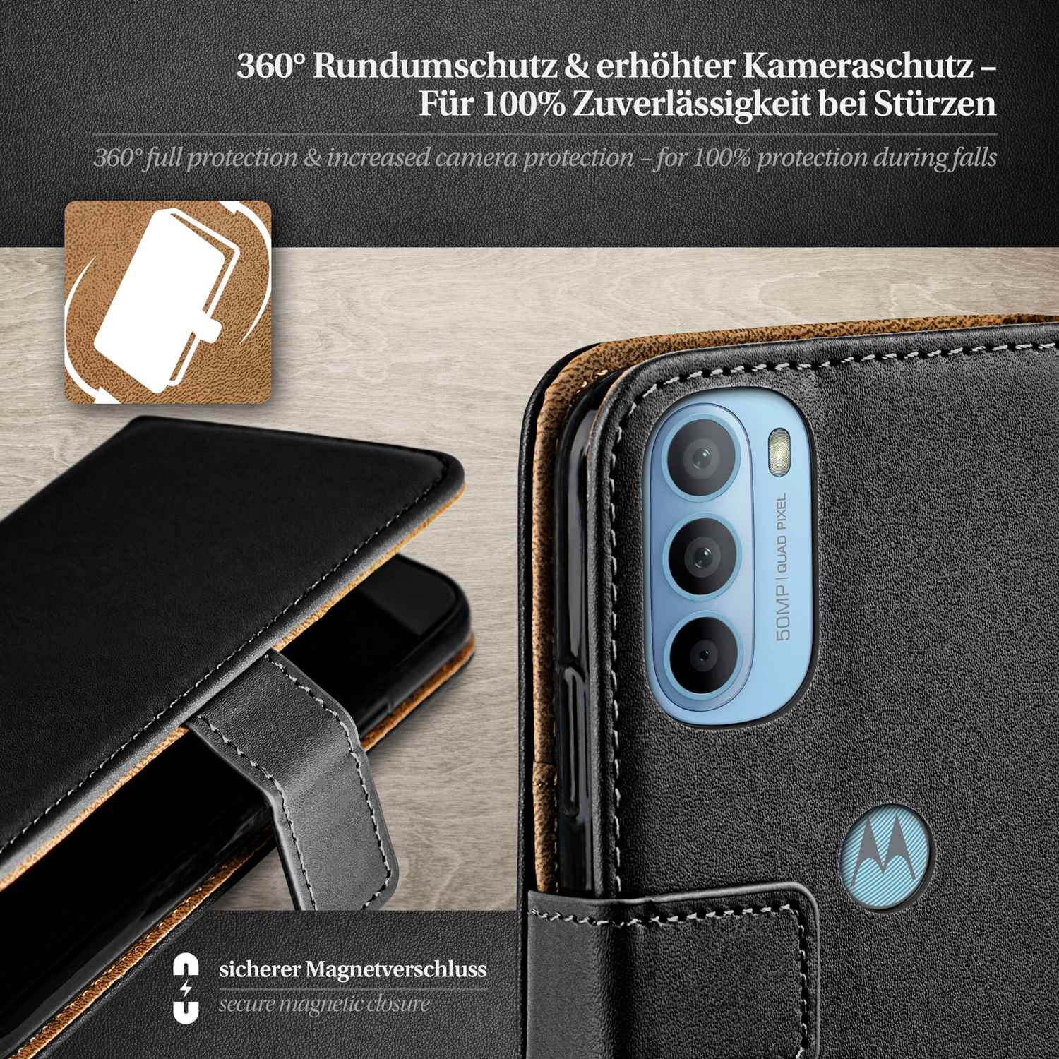 Eine Smartphone-Hülle mit Schutzhülle, die einen Kamerabereich und einen sicheren Magnetverschluss zeigt.