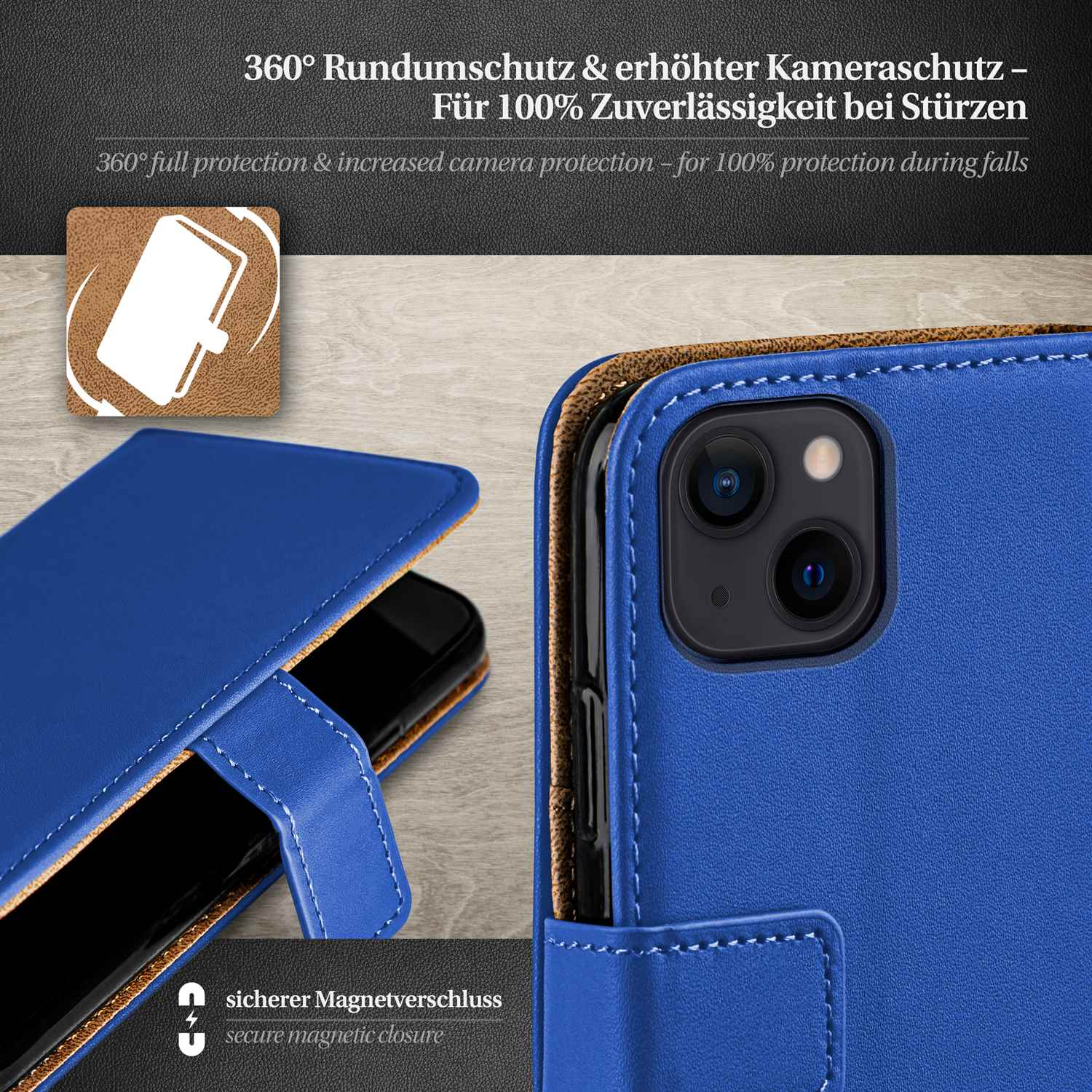Blaue Handyhülle mit Telefon. Merkmale: Schutz und Magnetverschluss.