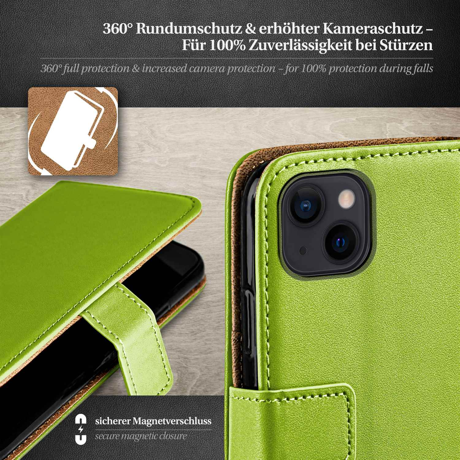 Geöffnete grüne Handyhülle, Telefon und Nähte zeigend. Nahaufnahme der Rückseite.