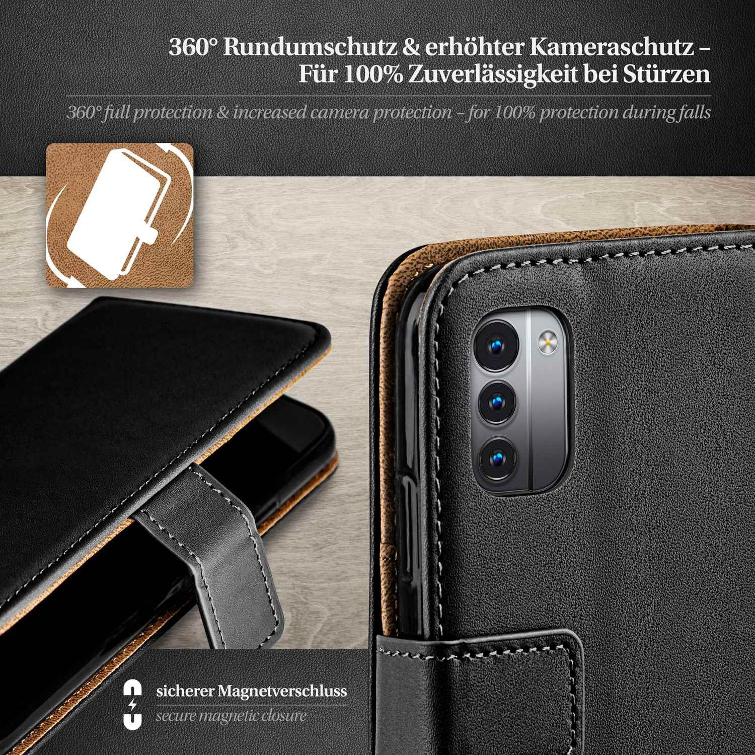 Schwarze Handyhülle in lederartiger Hülle mit Magnetverschluss, offen, Telefon zeigend.