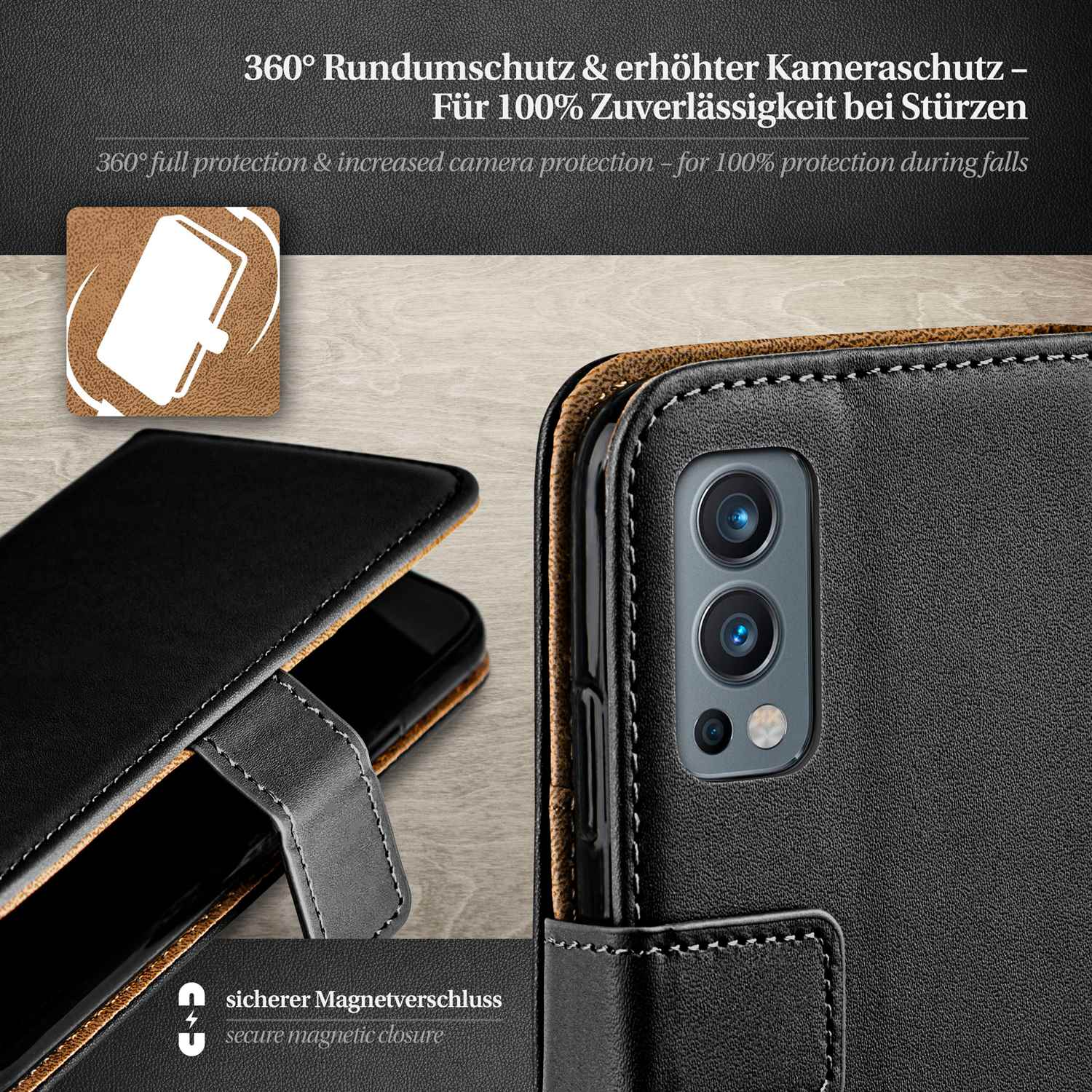 Schwarze Handyhülle, Telefon darin, Kamera sichtbar, mit Text.