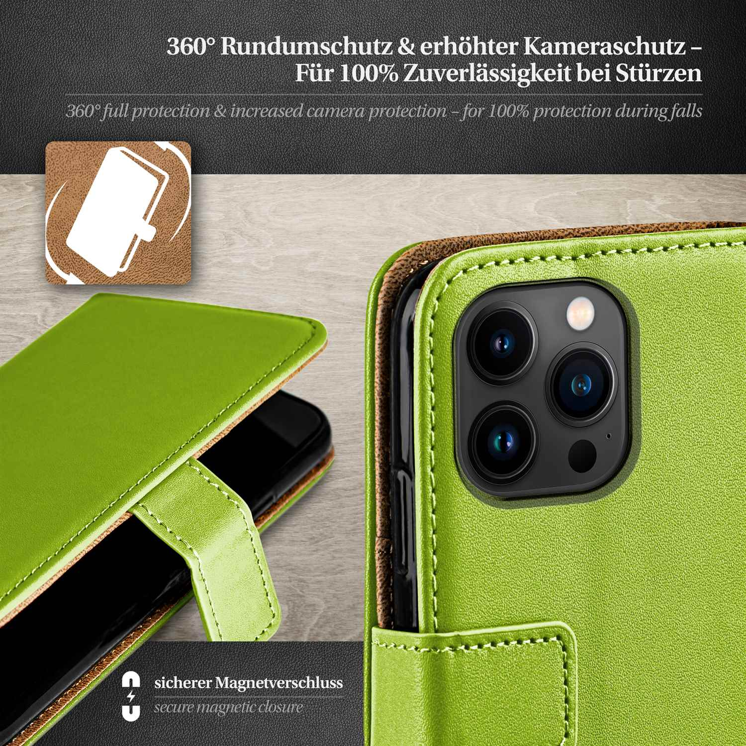Grüne Handyhülle, offen, Telefon zeigend, mit Kameraausschnitt. Text: 360° Schutz.