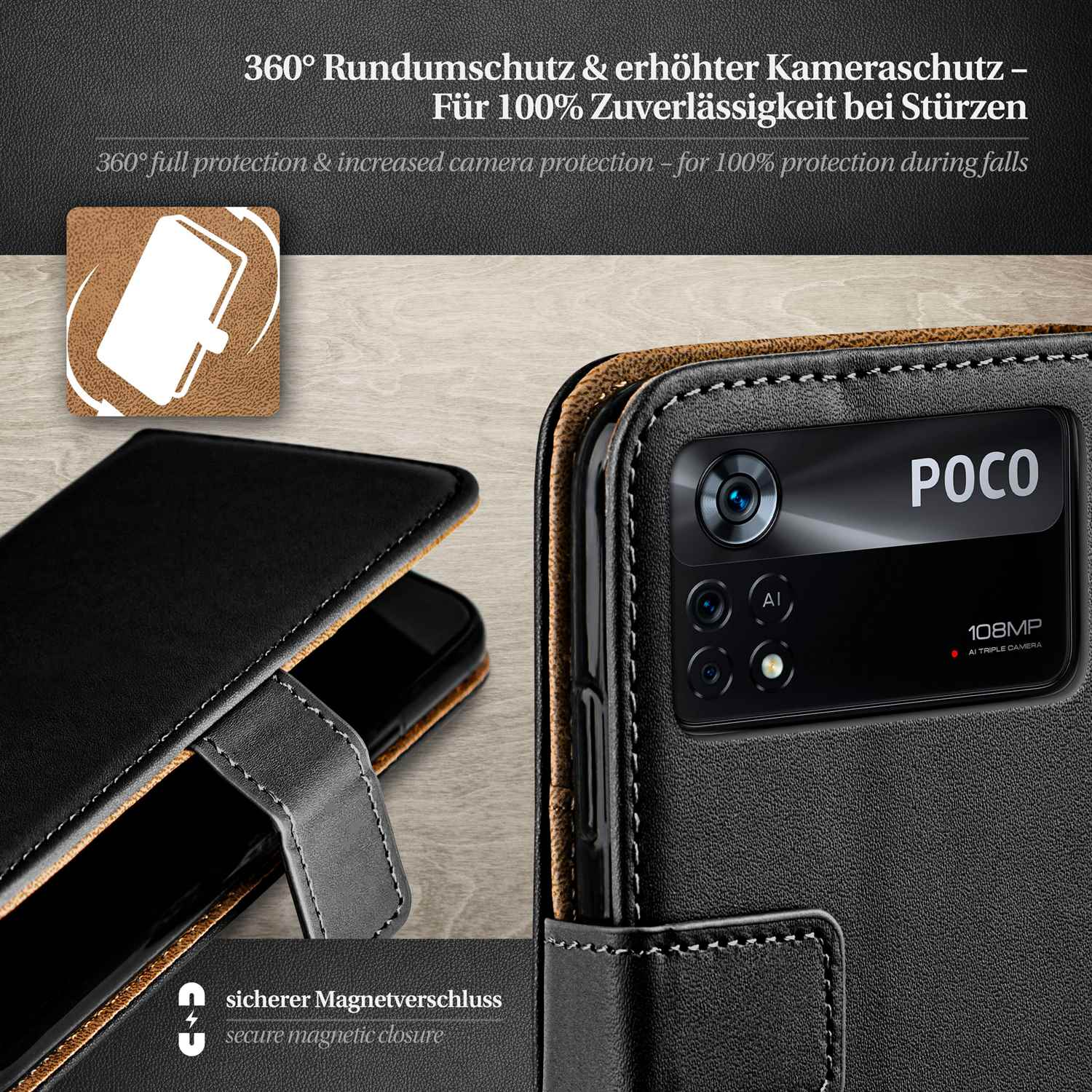 Geöffnete schwarze Handyhülle, Telefon innen. Braunes Leder mit Karten. Schwarzer Hintergrund.