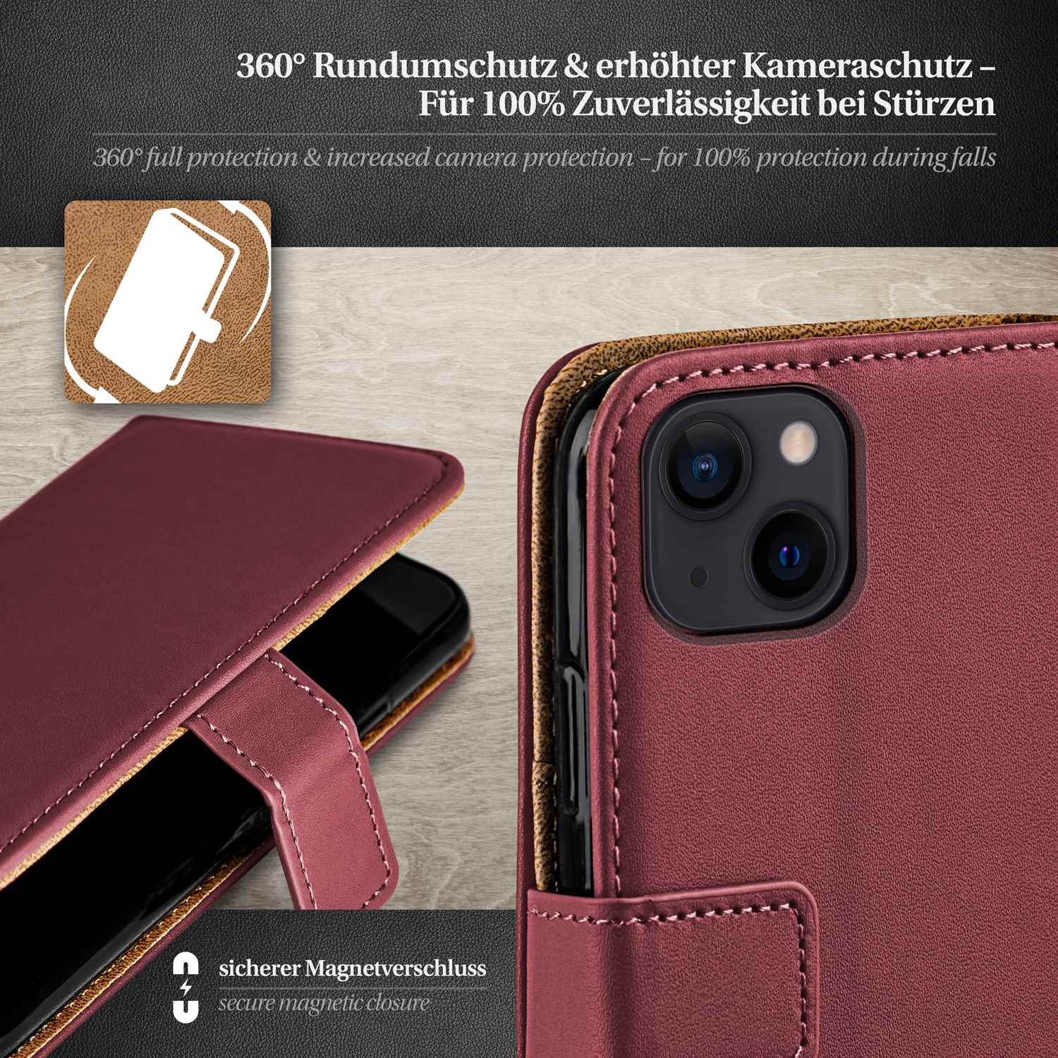 Telefon in bordeauxfarbenem Etui mit Magnetverschluss. Das Etui ist geöffnet.