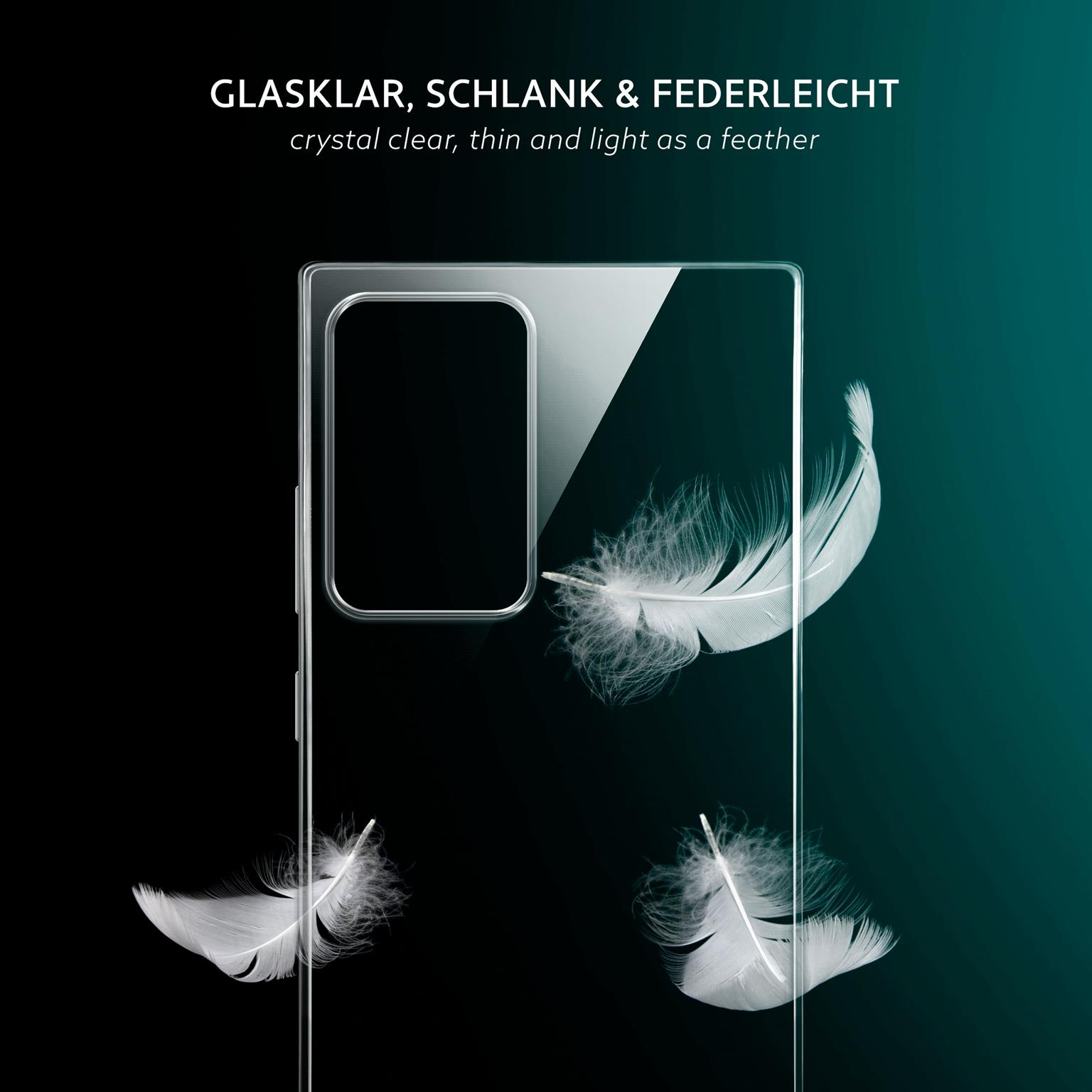 Transparente Handyhülle mit weißen Federn auf dunklem Hintergrund, zeigt Dünne und kristallklares Design.
