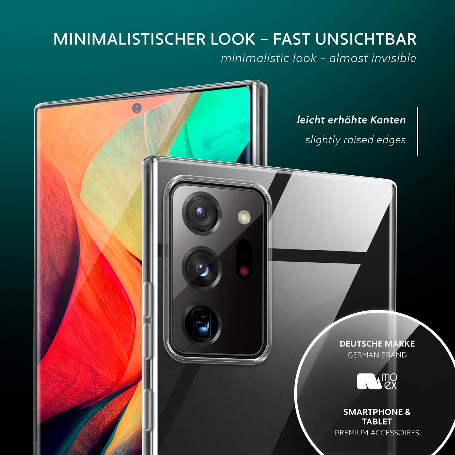 Transparente Handyhülle auf einem Telefon. Hülle ist transparent mit leicht erhöhten Rändern.