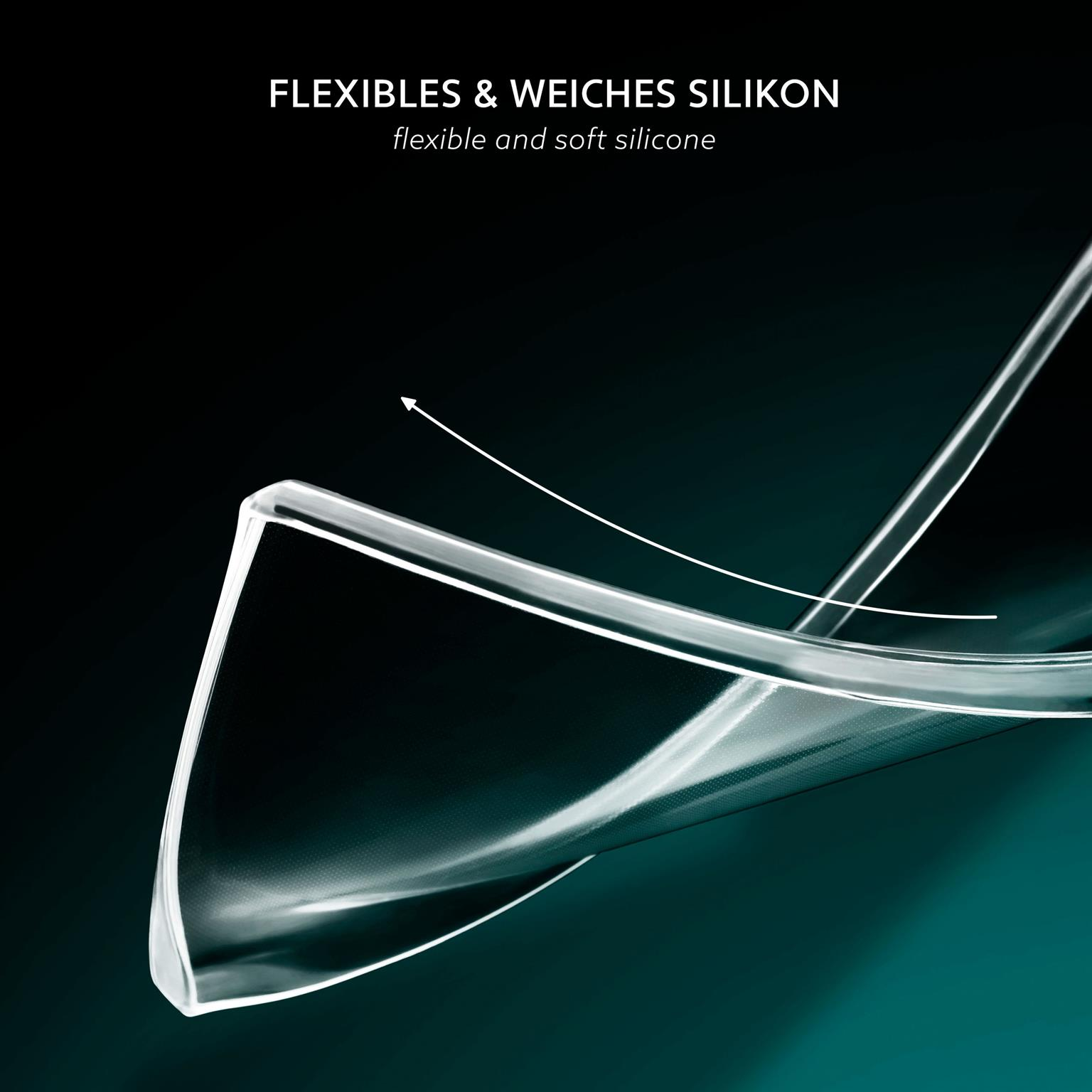 Klares, flexibles Silikonmaterial. Es zeigt eine gekrümmte Form mit dunkelgrün-blauem Hintergrund.