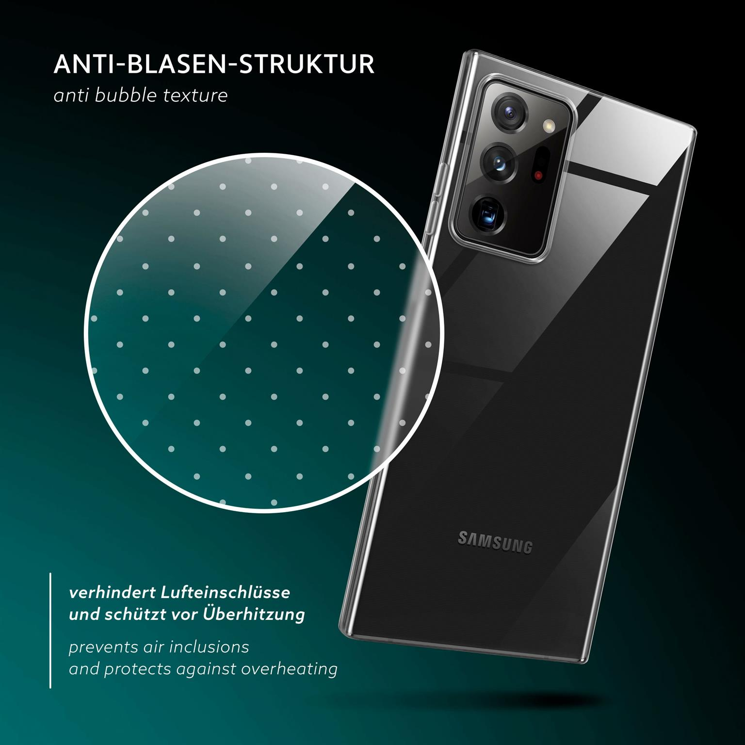 Transparente Handyhülle mit Punkten, über einem schwarzen Telefon. Samsung Logo.