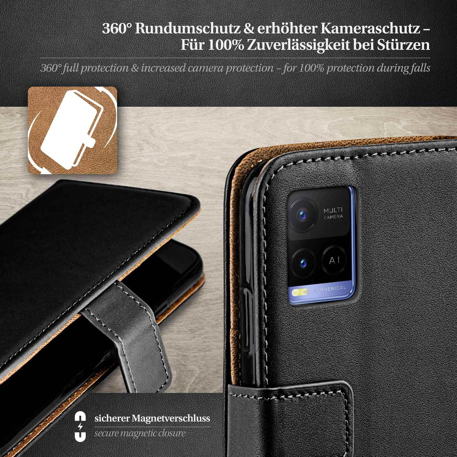 Schwarze Leder-Handyhülle mit Magnetverschluss, Kameraschutz und Telefon im Inneren.