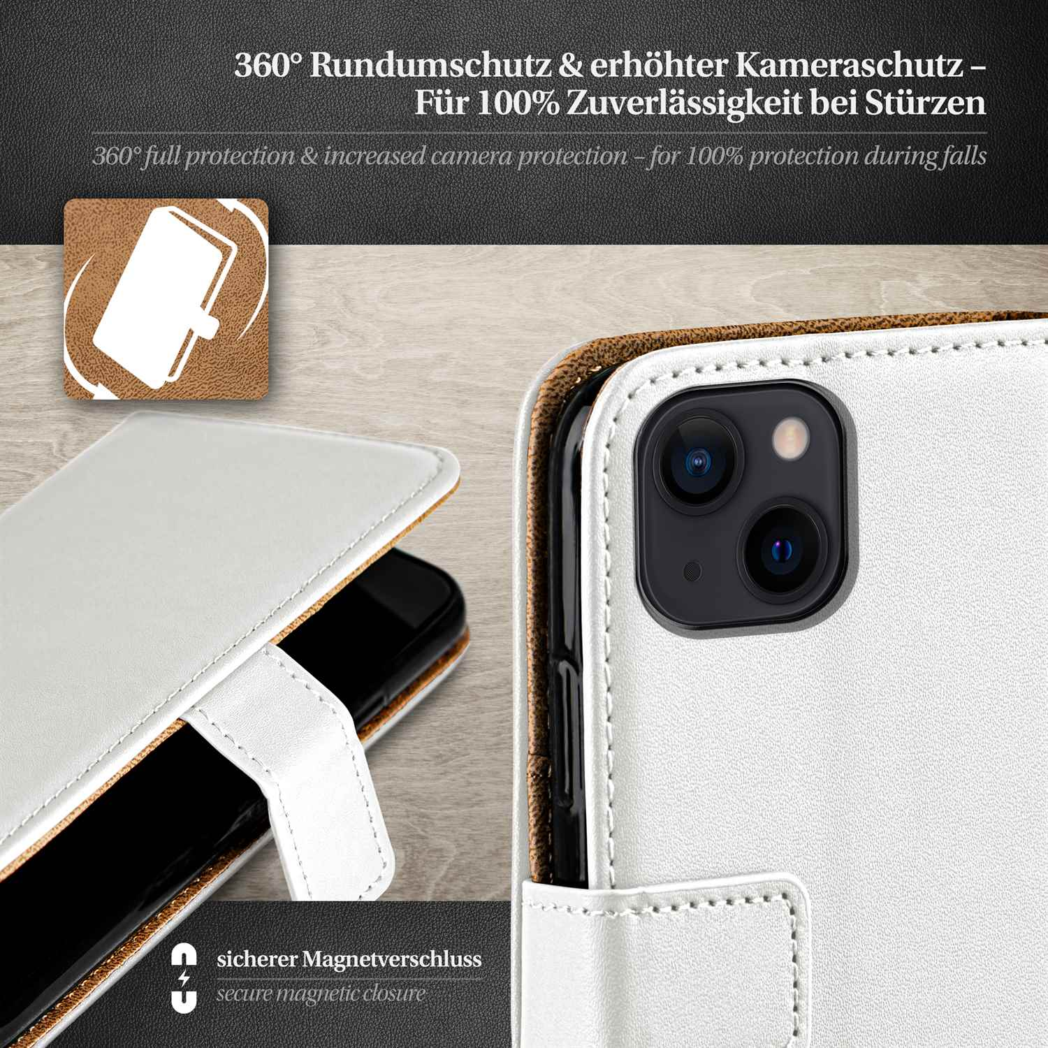 Weiße Handyhülle mit Telefon. Braunes Leder und sicherer Magnetverschluss sind sichtbar.