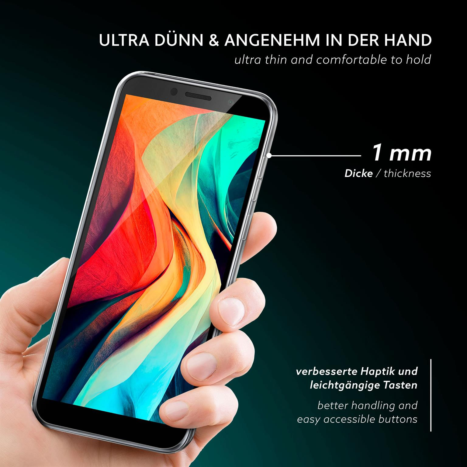 Hand hält Telefon mit transparenter Hülle. Das Telefon ist ultradünn, schwarzer Hintergrund.