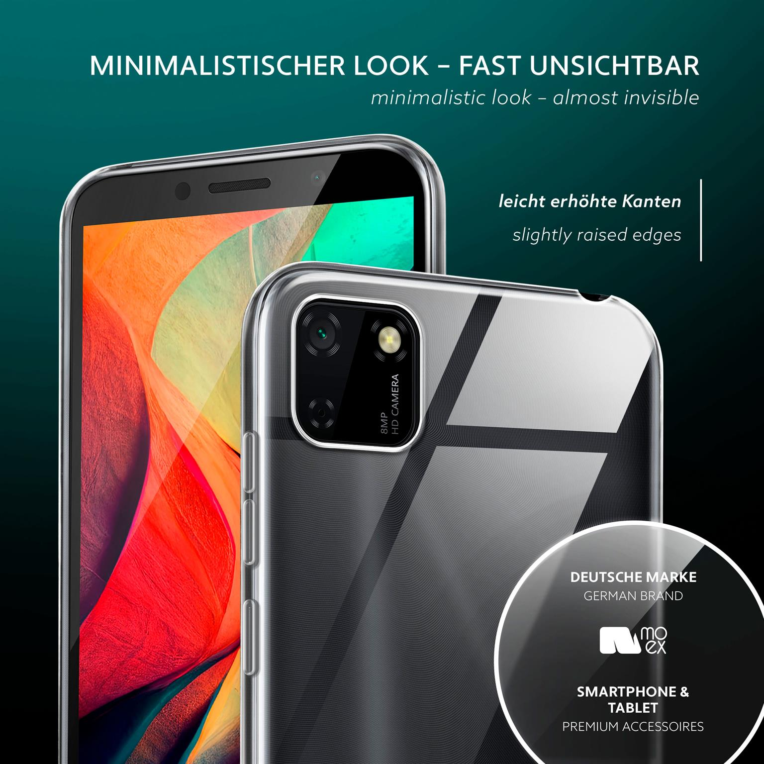 Transparente Handyhülle mit Telefon, deutsches Markenlogo. Erhöhte Kanten.