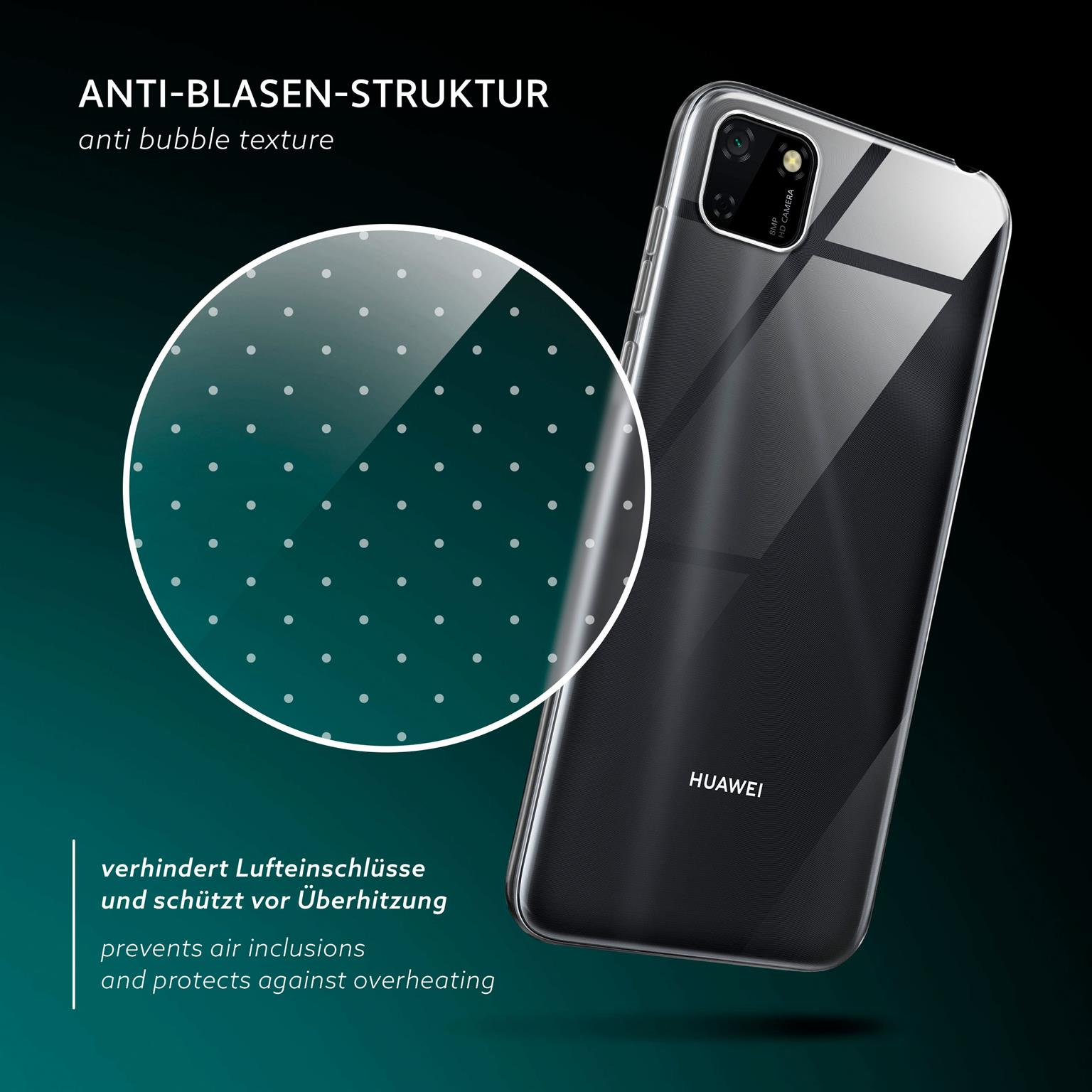 Telefon in klarer Hülle. Die Hülle hat eine Textur, um Blasen zu verhindern.