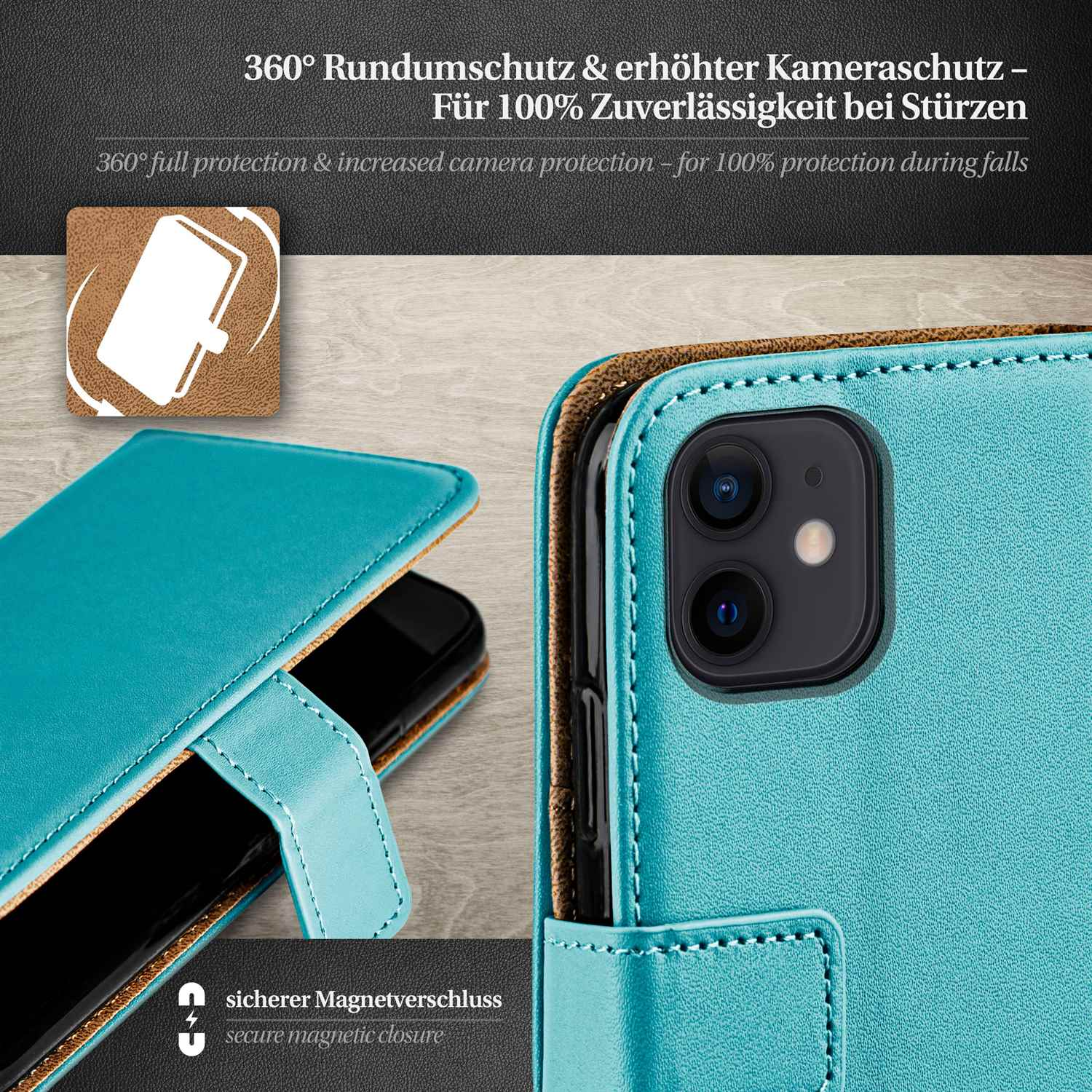 Türkisfarbene Handyhülle mit Telefon, geöffnet. Zeigt Kamerabereich, sicherer Verschluss.
