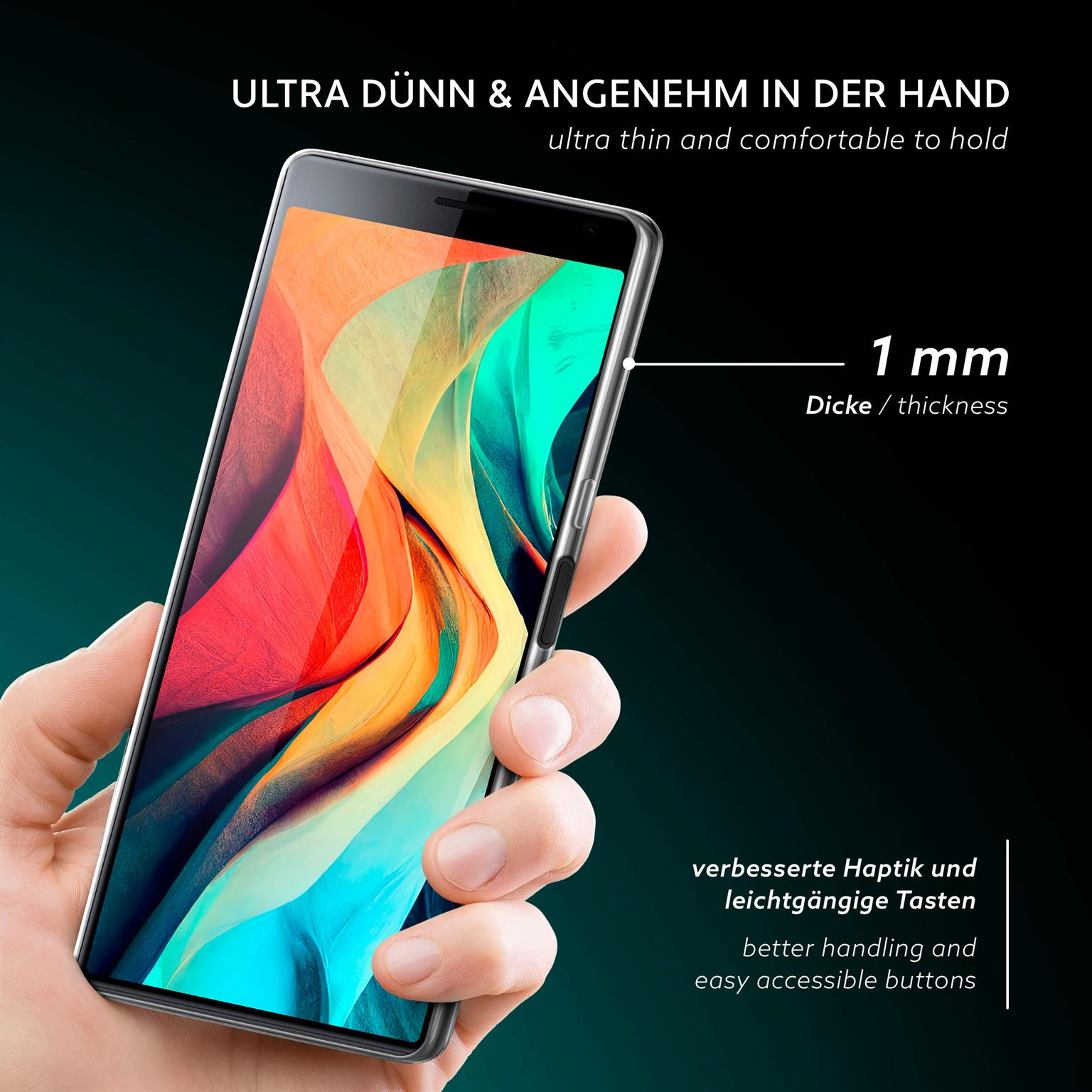 Hand, die ein Telefon in einer klaren Hülle hält. Text: Ultradünn, 1 mm dick. Bessere Handhabung.