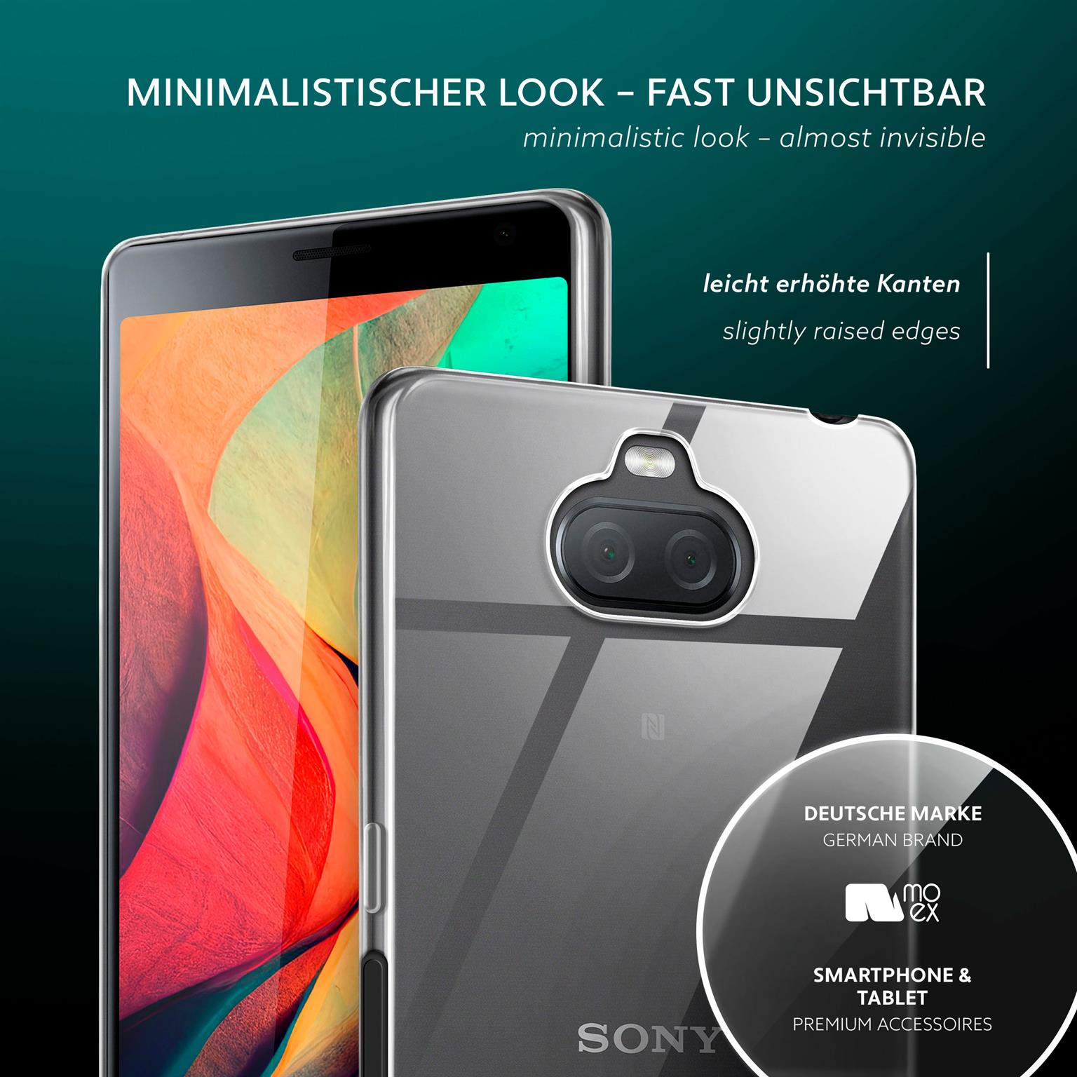 Zwei Handys mit transparenten Hüllen. Die Hüllen haben minimalistisches Design und erhöhte Kanten.